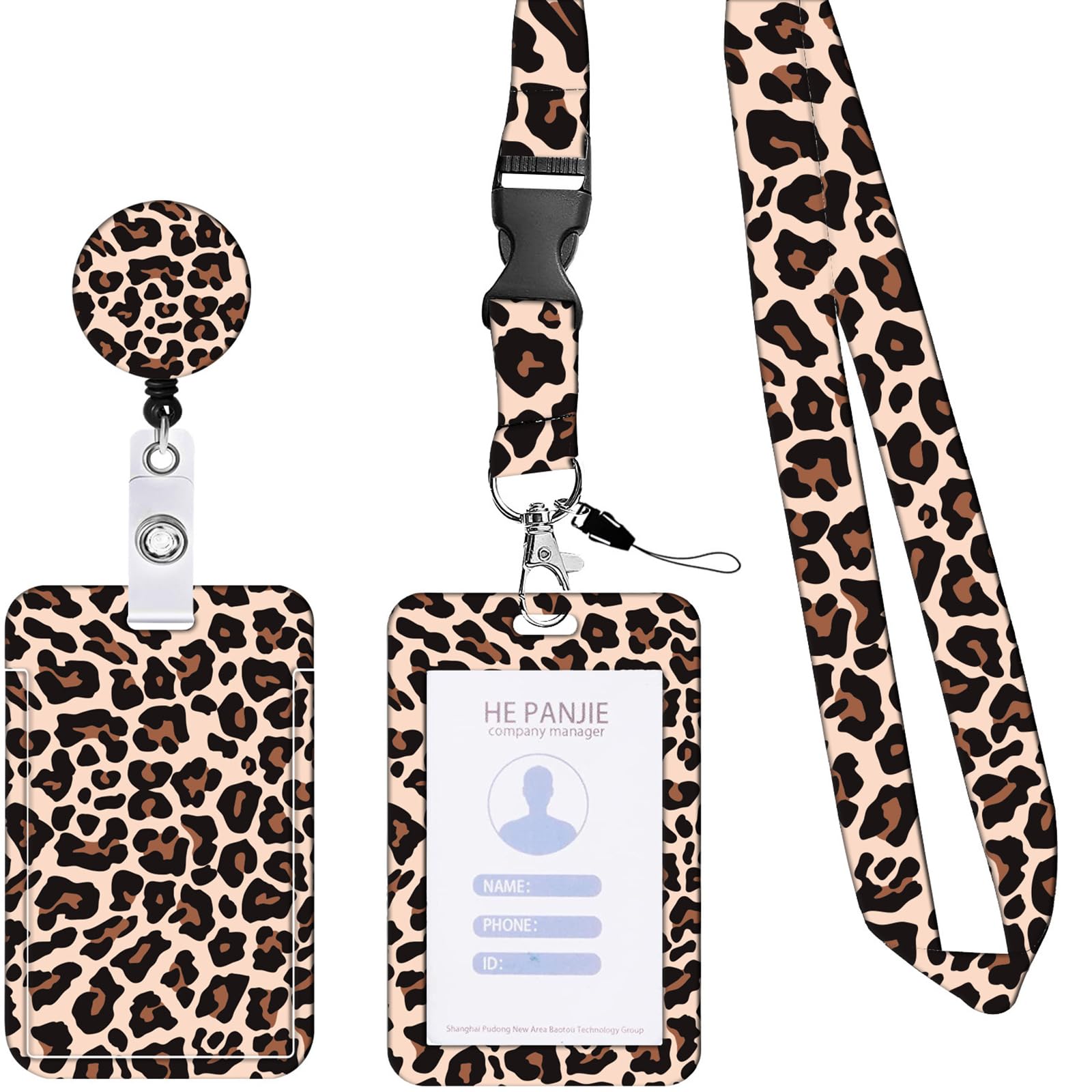 Xinsheinelry Leopards Print Card Holder and Lanyard Set Card with Lanyard Retractable Badge Reel for School Floral Badge