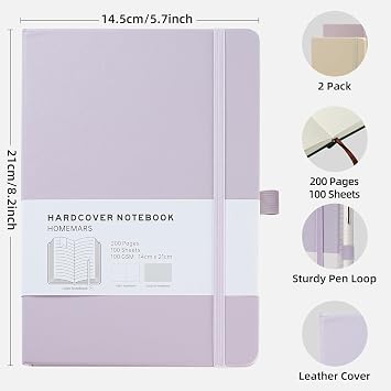 HOMEMARS A5 Dotted Notebook, Bullet Dotted Journal 100gsm Dotted Paper, 200 Pages, Bookmark, A5 Hardcover Notebook with Pencil Holder, A5 Notebook, Ivory Purple, 2 Pack
