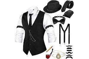 1920s Mens Costume Accessories Outfit with Gangster Vest Fedora Hat Vintage Pocket...