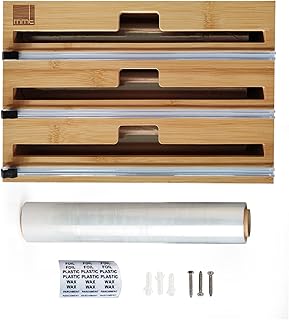 MMT Wrap Dispenser with Cutter - Aluminum Tin Foil, Saran Wrap, Parchment Wax Paper, Cling Paper Dispenser, Storage & Organizer for Kitchen Drawer - 1 Plastic Wrap Roll Included