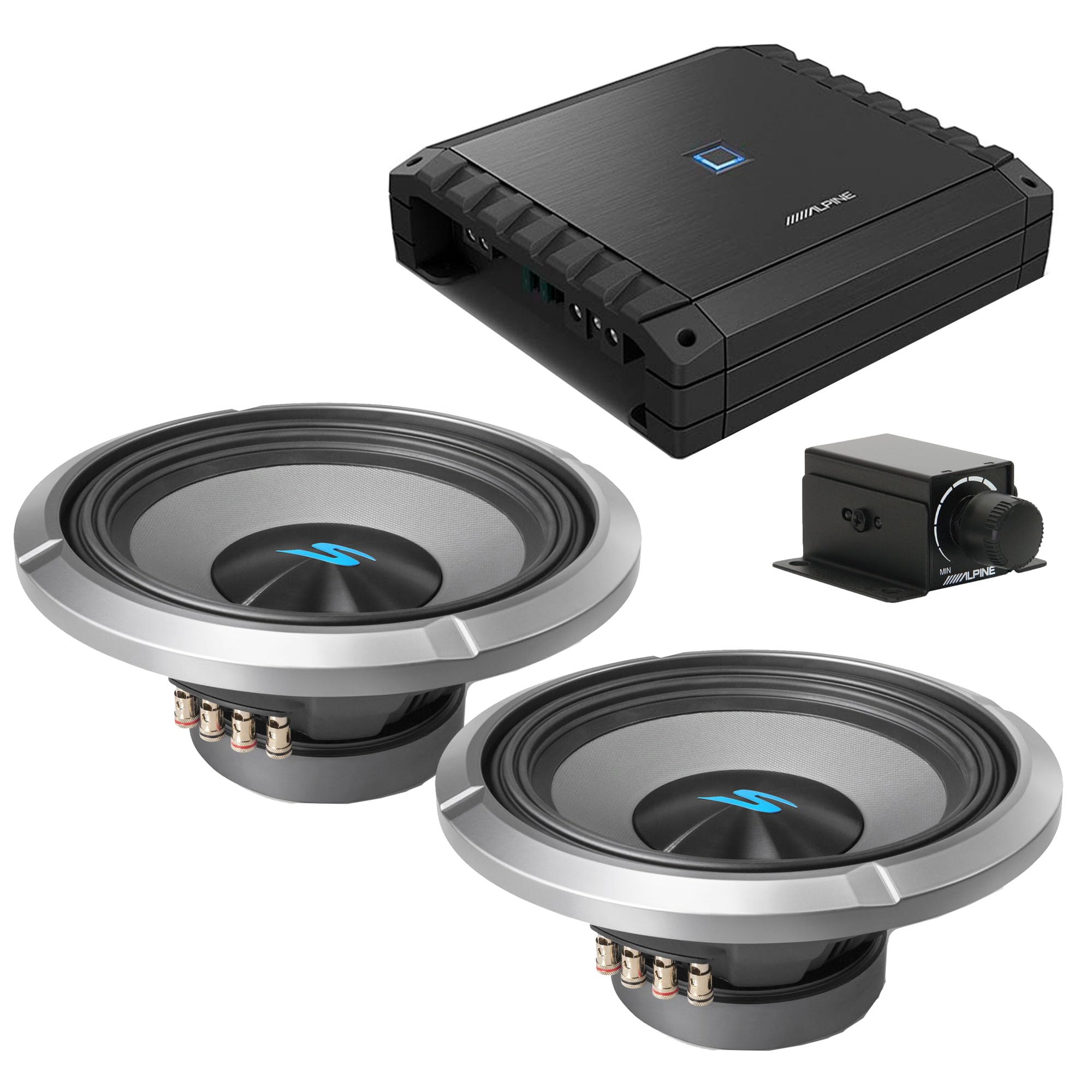 Alpine S2-A60M S-Series Class-D Amp w/ (2) S2-W12D4 12" S-Series Dual 4-Ohm Car Subwoofer & Rux Knob