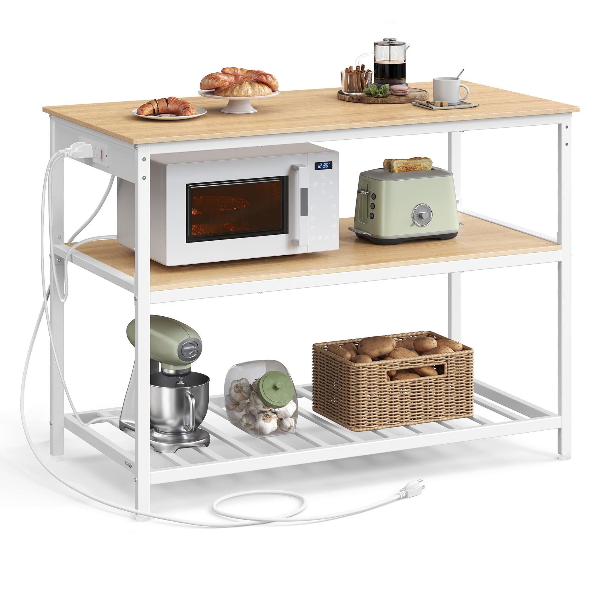 VASAGLE Kitchen Island with 3 Shelves, Kitchen Shelf with Power Strip, 23.6 x 47.2 x 34.9 Inches, Large Worktop, Steel Structure, Industrial, Easy to Assemble, Oak Color and White UKKI101Y01