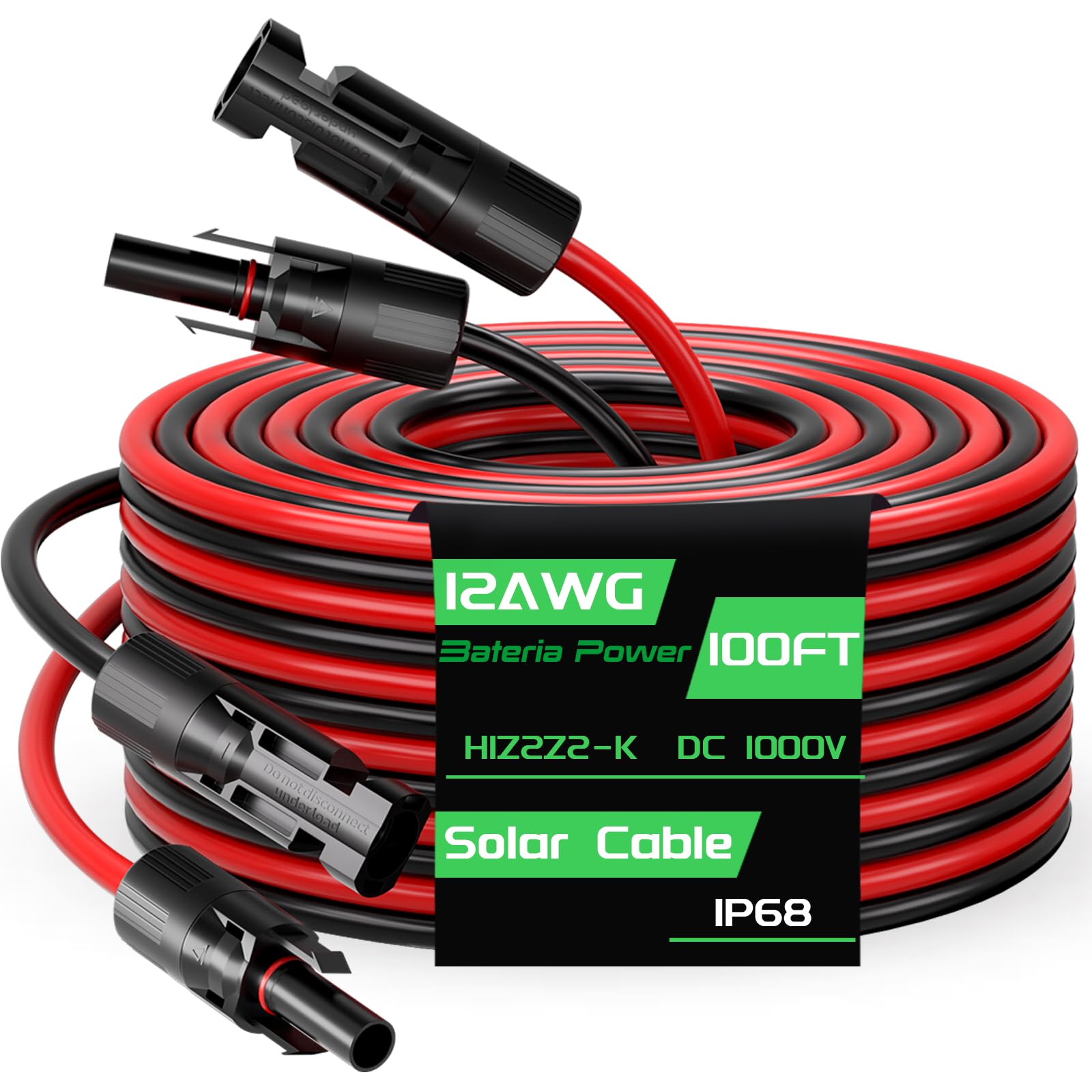 Bateria Power Solarmodul-Verlängerungskabel, 30 m, 12 AWG (12 Gauge), PV-Draht mit wasserdichten Steckern für Wohnmobil, Photovoltaikanlagen, 2 Stück