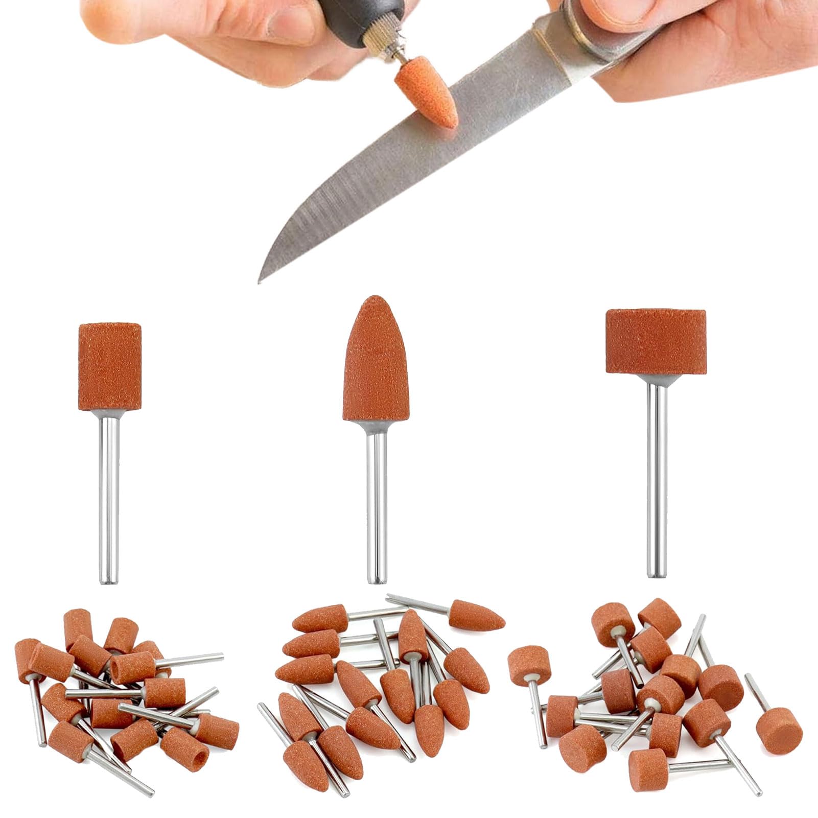 42 teste abrasive in corindone, testa per mola, perno rotante, tre tipi: cono, piccolo cilindro, grande cilindro, adatto per Dremel, pietre preziose, vetro, metallo, ecc
