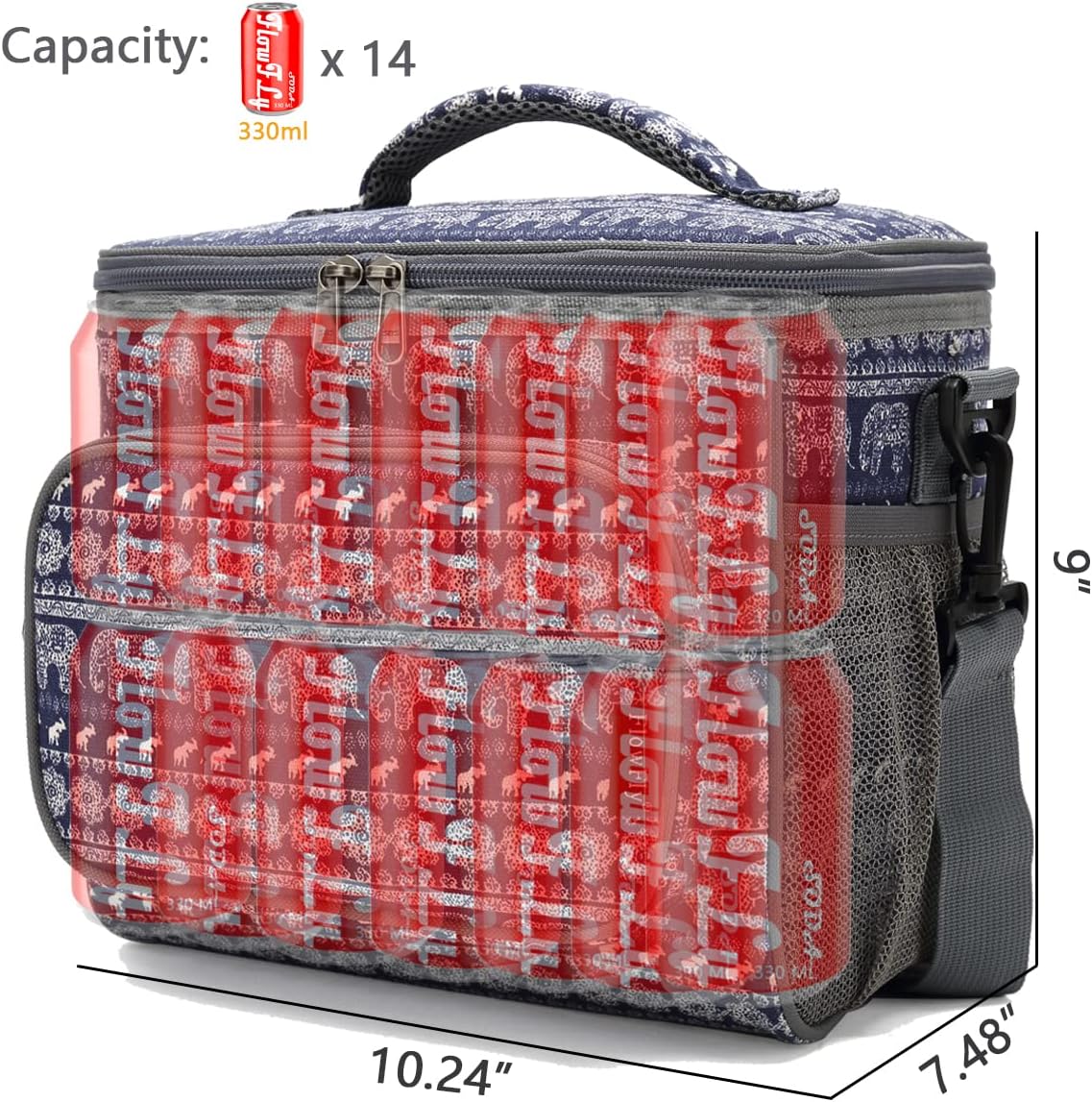 FlowFly Insulated Reusable Lunch Bag Adult Large Lunch Box for Women and Men with Adjustable Shoulder Strap,Front Zipper Pocket and Dual Large Mesh Side Pockets,Elephant - Image 4