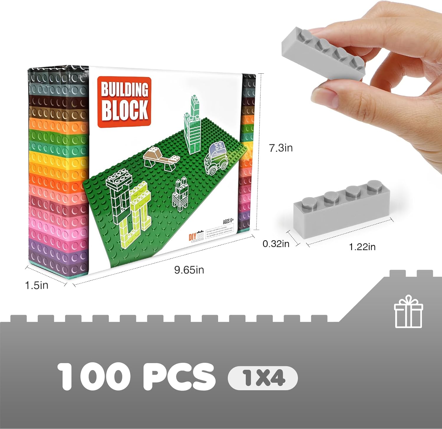 Lekebaby Classic Building Bricks, 100 Piece 1x4 Building Blocks STEM Creative Building Toys Compatible with All Major Brands, Educational Toy for Boys Girls 6 Years Old and Up(1x4 Light Gray)
