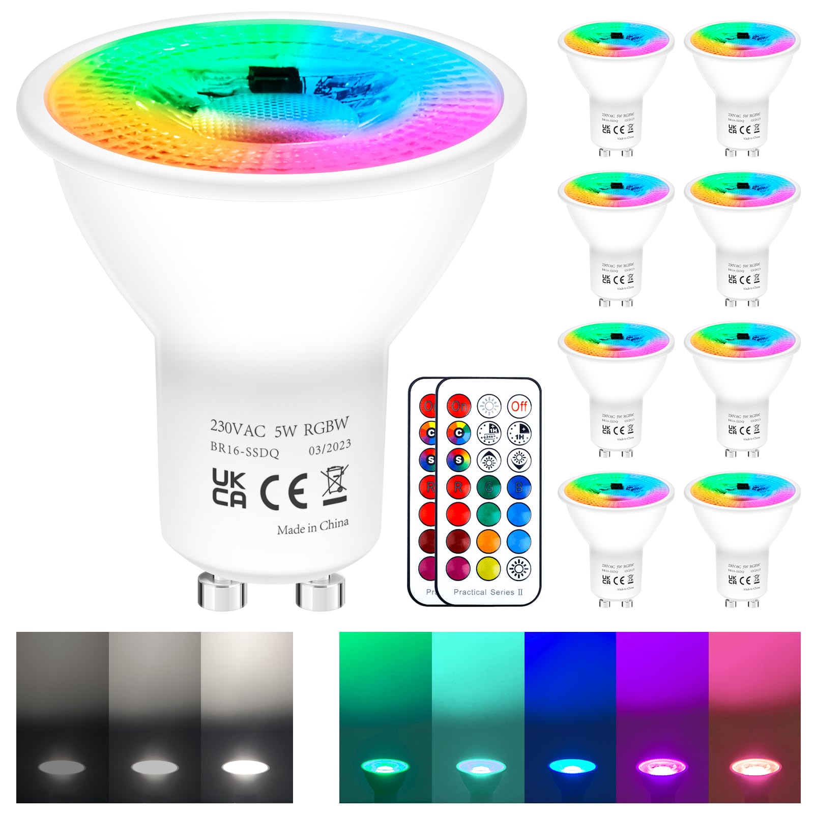 REYLAX 8pcs Lampadine LED GU10 5W, RGB + Bianco Freddo, Faretto LED Che Cambiano Colore, 12 Colori 5 Modalità, Attivazione Della Memoria, Regolazione Tramite Telecomando a Infrarossi