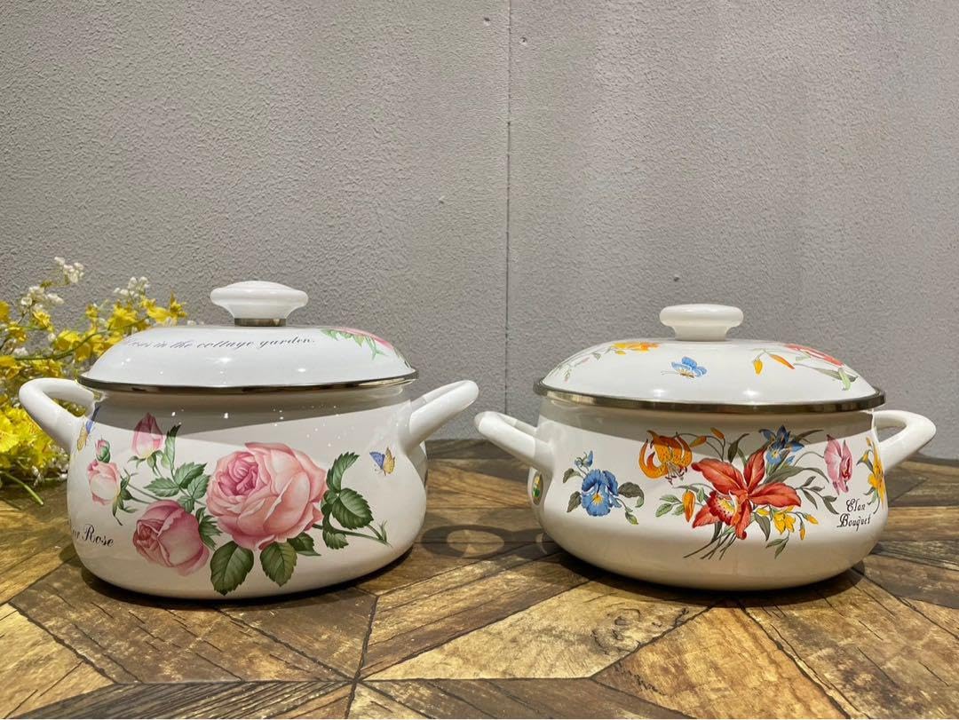Amazon.co.jp: ホーロー鍋 富士薔薇 ローズ 両手鍋 セット 花柄レトロ