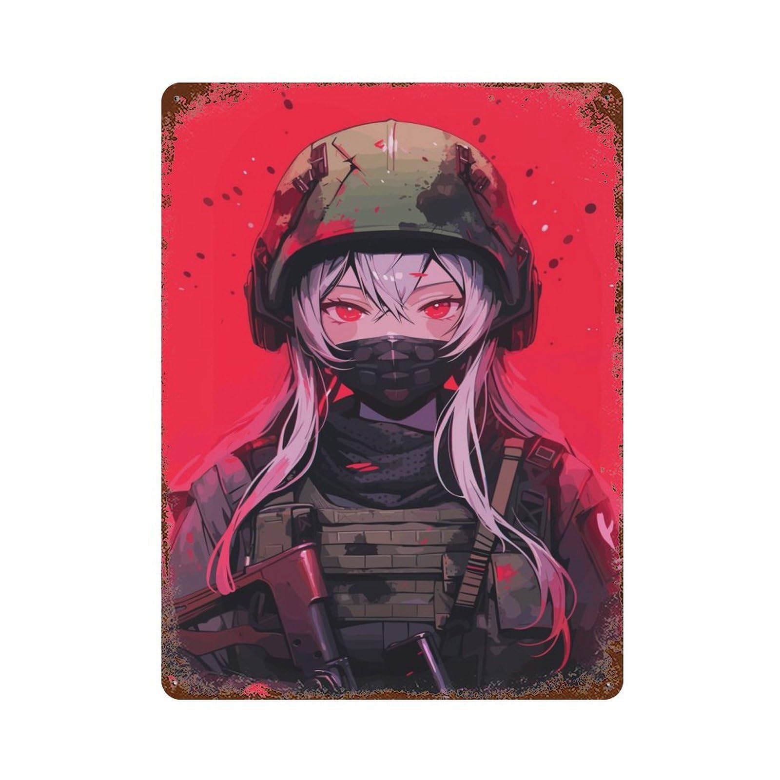 Soldier Waifu Yandere Art Distressed Metal Wall Sign 15.7"x11.8", Rustic Home Decor for Farmhouse, Kitchen And Entryway Decor