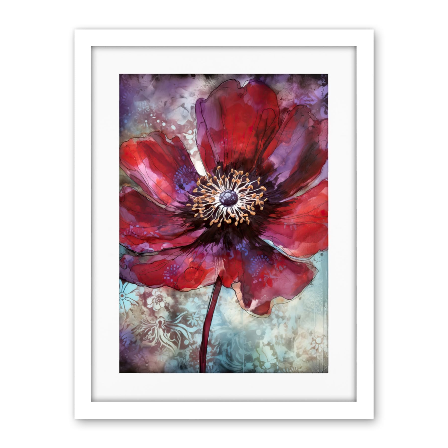 Artery8 Red Anemone Flower Bloom Watercolour Illustration Artwork Framed Wall Art Print 18X24 Inch