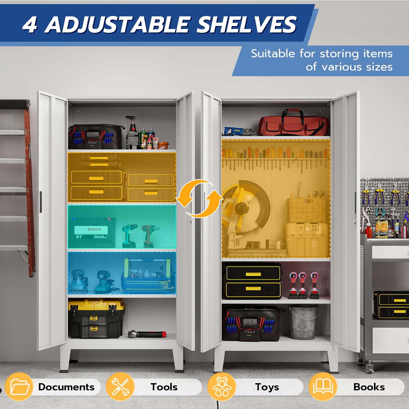 YOUDENOVA Armario archivador de metal de 180 x 80 x 40 con cerradura con 2 puertas, armario multiusos con 5 niveles, armario multiusos con estantes ajustables, color blanco