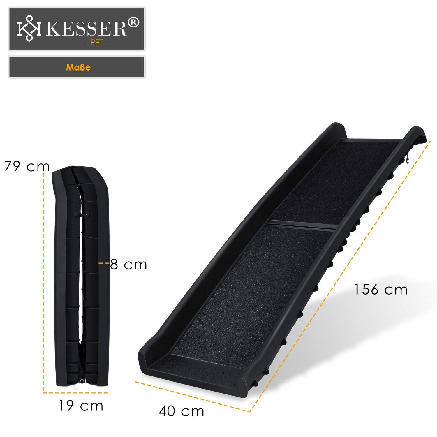 KESSER® Hunderampe klappbar Hundetreppe Hundeautorampe Auto Kofferraumrampe für Haustiere Einstiegshilfe für Kofferraum, bis 90 kg, 156x40cm, leicht Stabil, rutschfest Hunde-Treppe, Schwarz