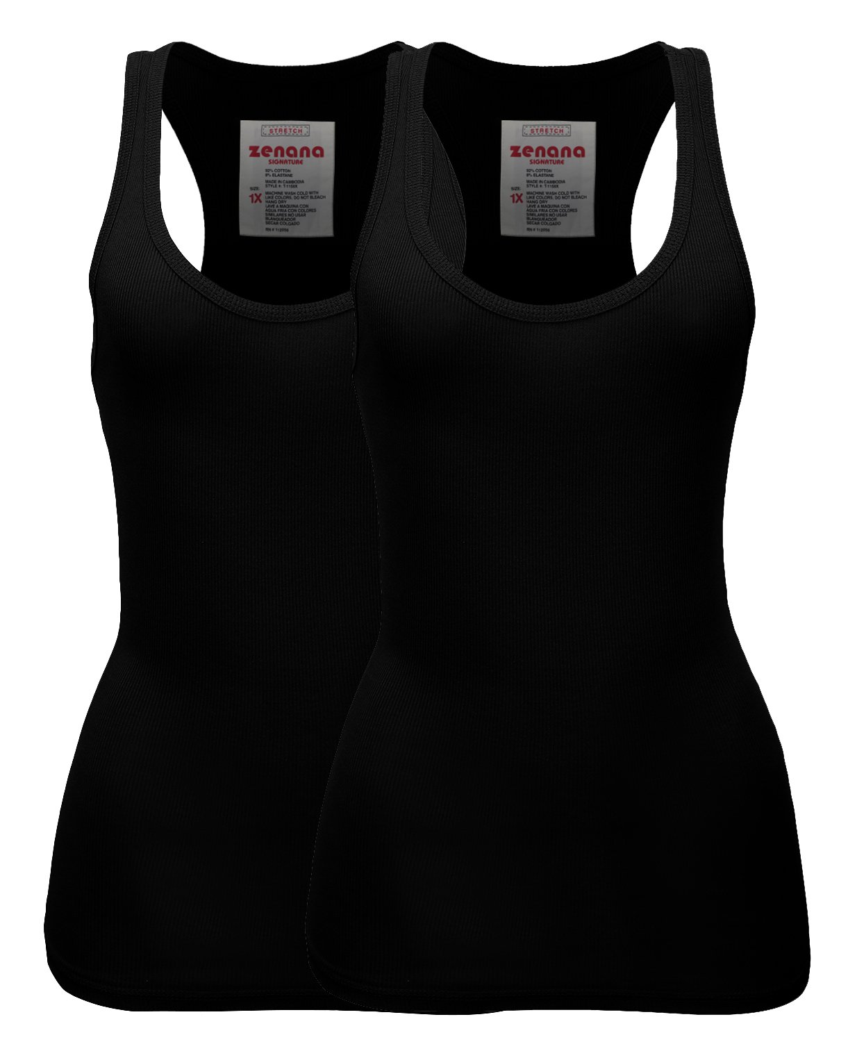 Zenana Women's Plain Solid Color Ribbed Racerback Tank Top Shirt Plus Sizes 2 Pack: Black | Black Large