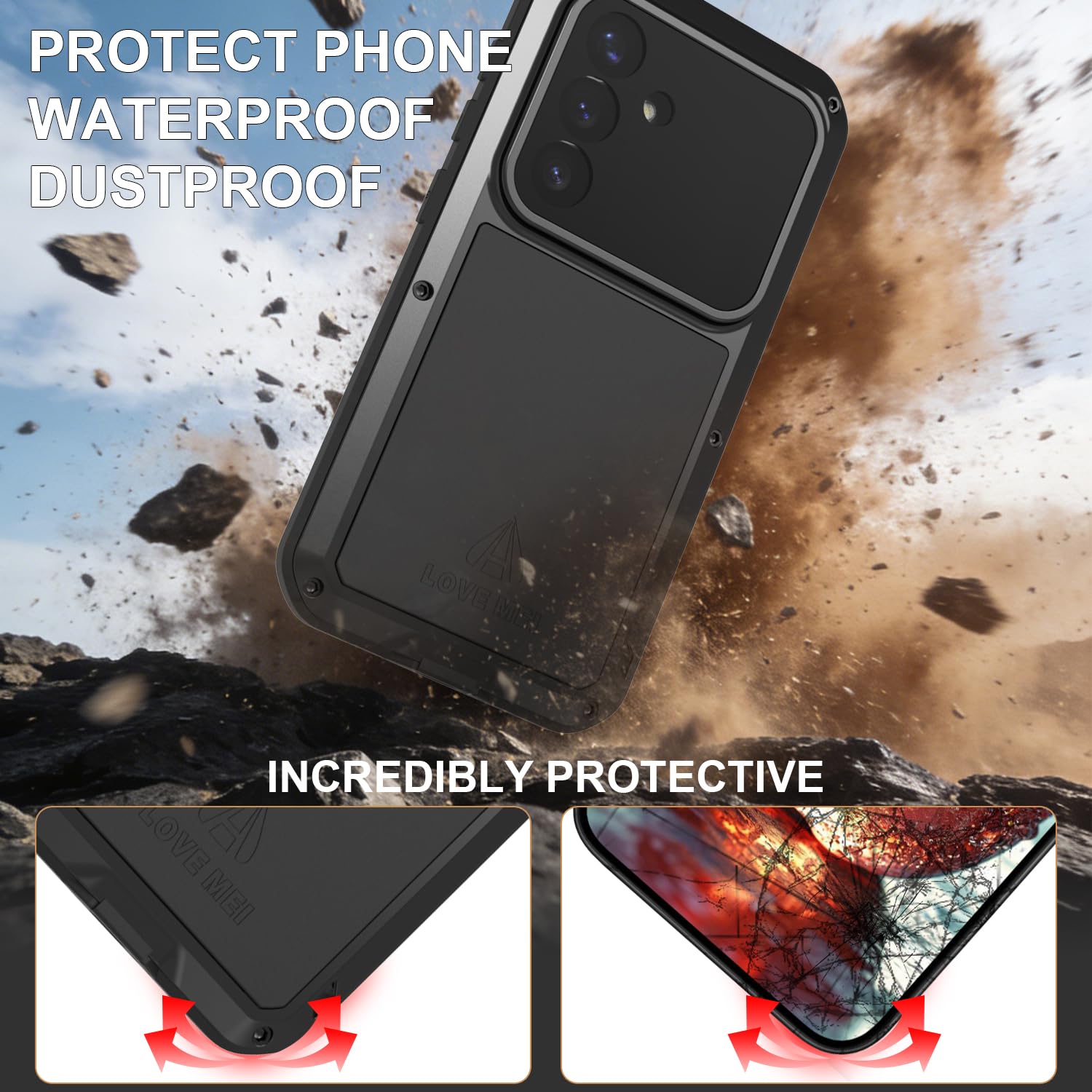LOVE MEI Funda compatible con Samsung Galaxy S26, deportes al aire libre, militar, resistente, a prueba de golpes, a prueba de polvo, aluminio híbrido, metal, silicona y vidrio templado (negro)