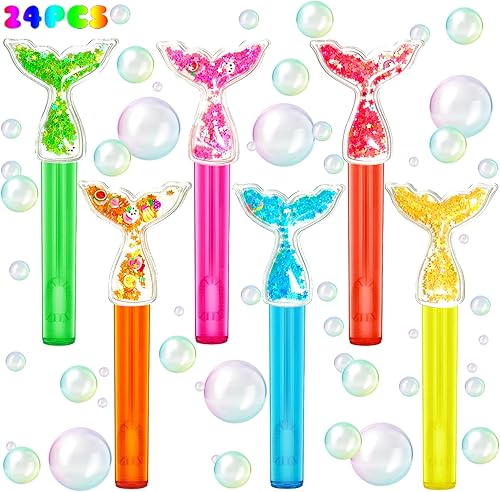 uoyoi Recuerdos de fiesta de sirena, 24 varitas de burbujas con purpurina para niños, linda varita de burbujas de sirena para suministros de fiesta