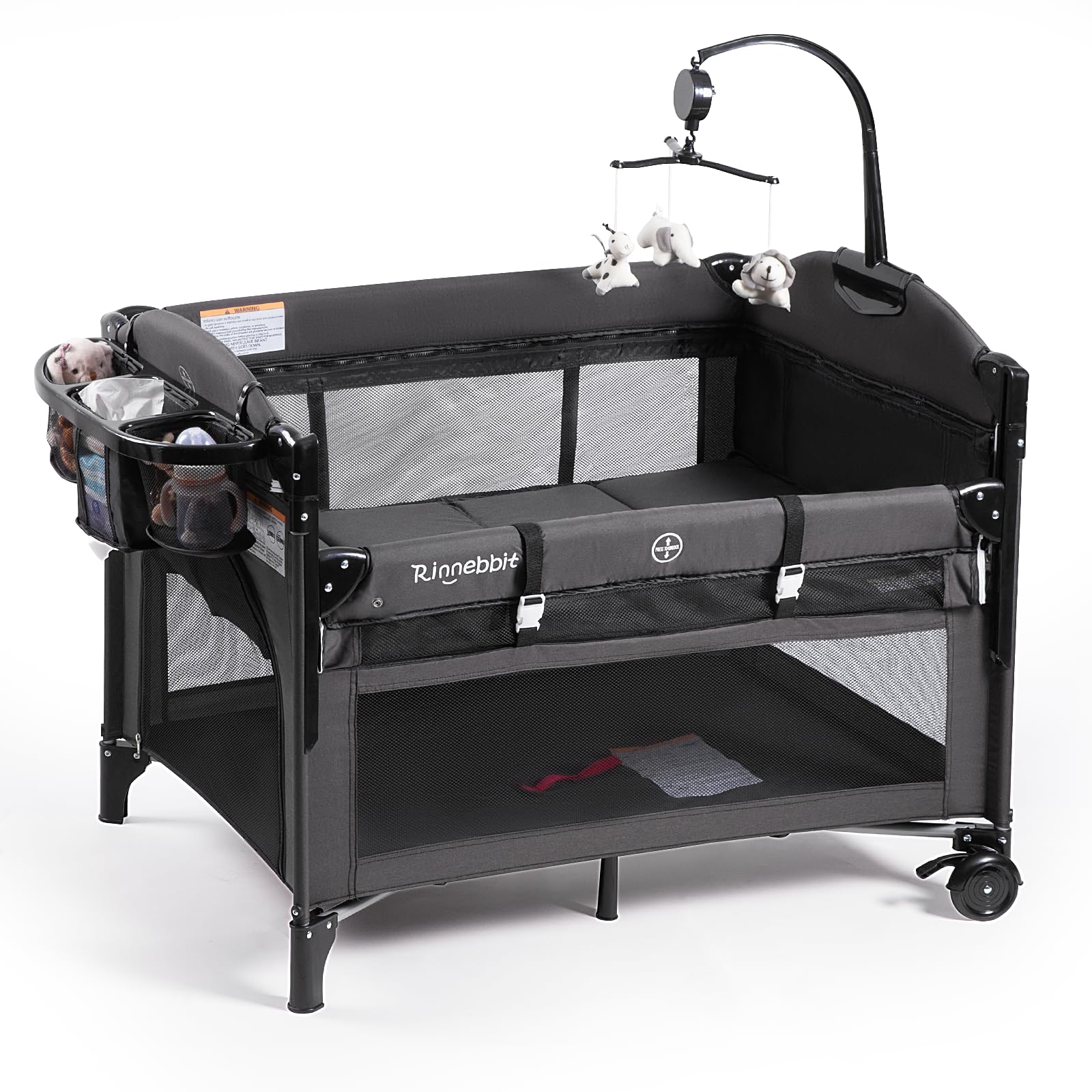 Rinnebbit Baby Bassinets Bedside Sleeper, 4 in 1 Portable Bedside Crib w/Mattress, Diaper Changer, Storage Basket, Music Box, Carry Bag, Foldable