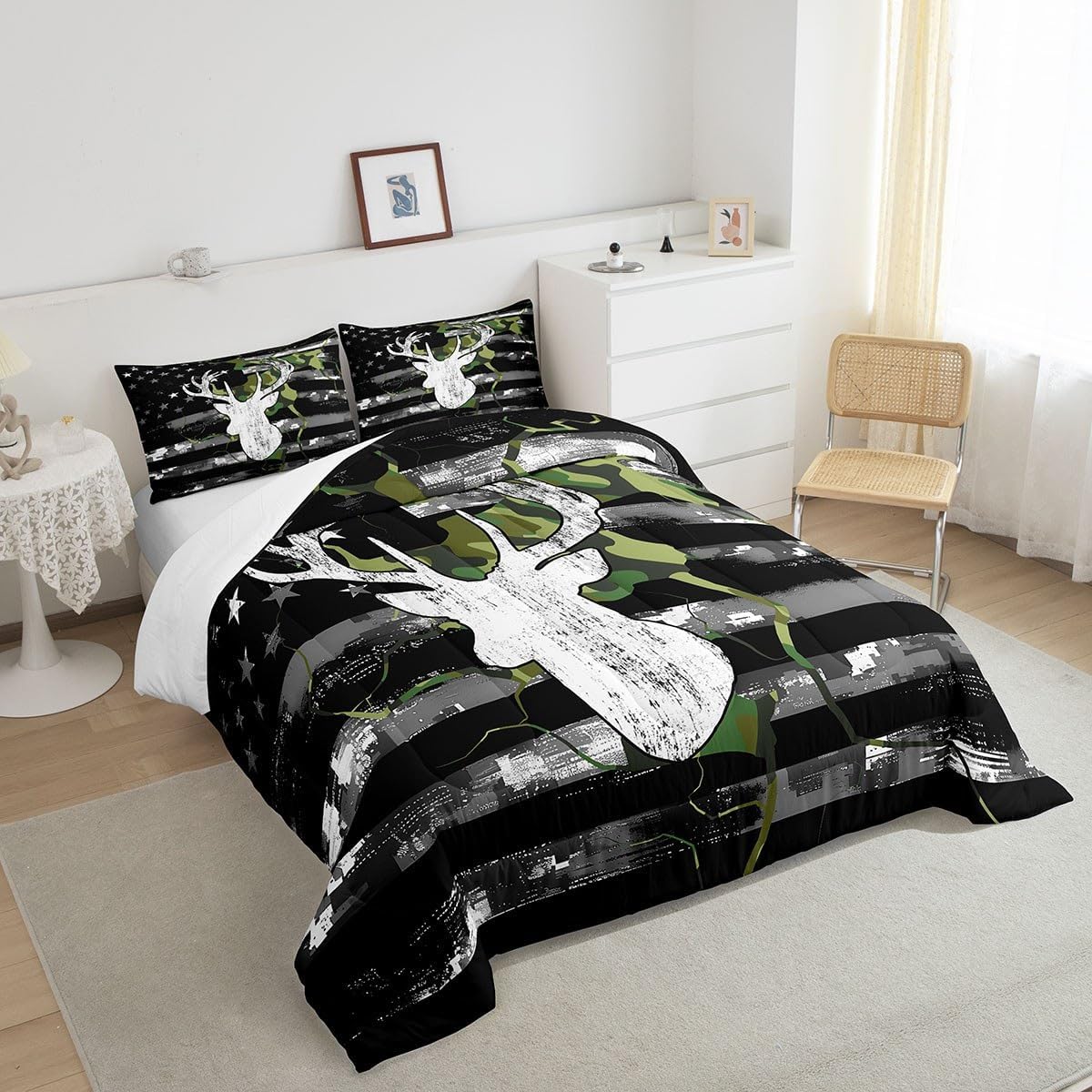 Feelyou Deer Camo Comforter Set Twin Size, Kids Antlers Hunting Comforter Green, Camouflage American Flag Bedding Set Western Farmhouse Duvet Set Room Decorations Quilt Set