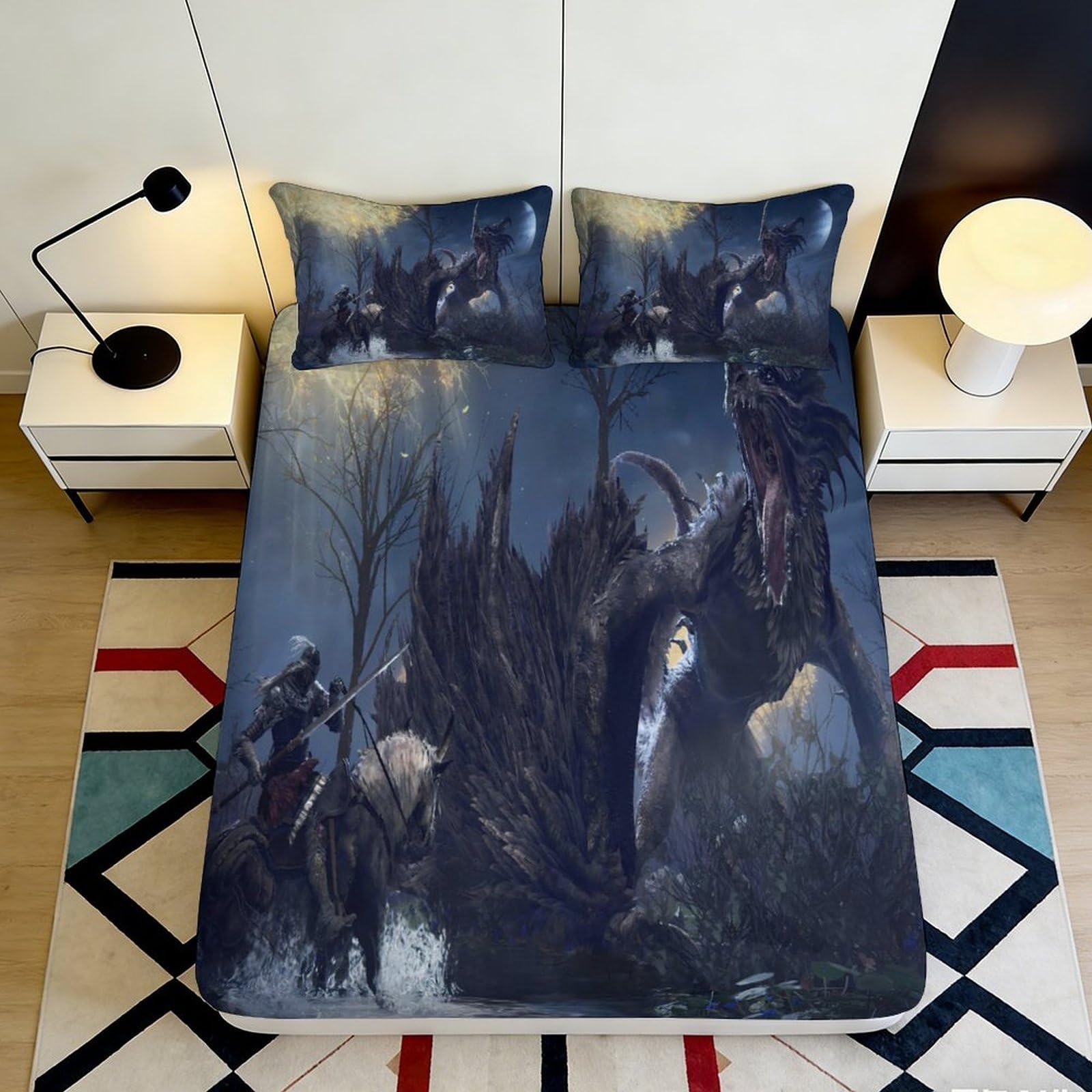 3D Printed Medieval Dragon Fitted Sheet Microfiber Fantasy Warrior Bed Cover for Bedroom Dorm Mattress Decor 90x200x25cm