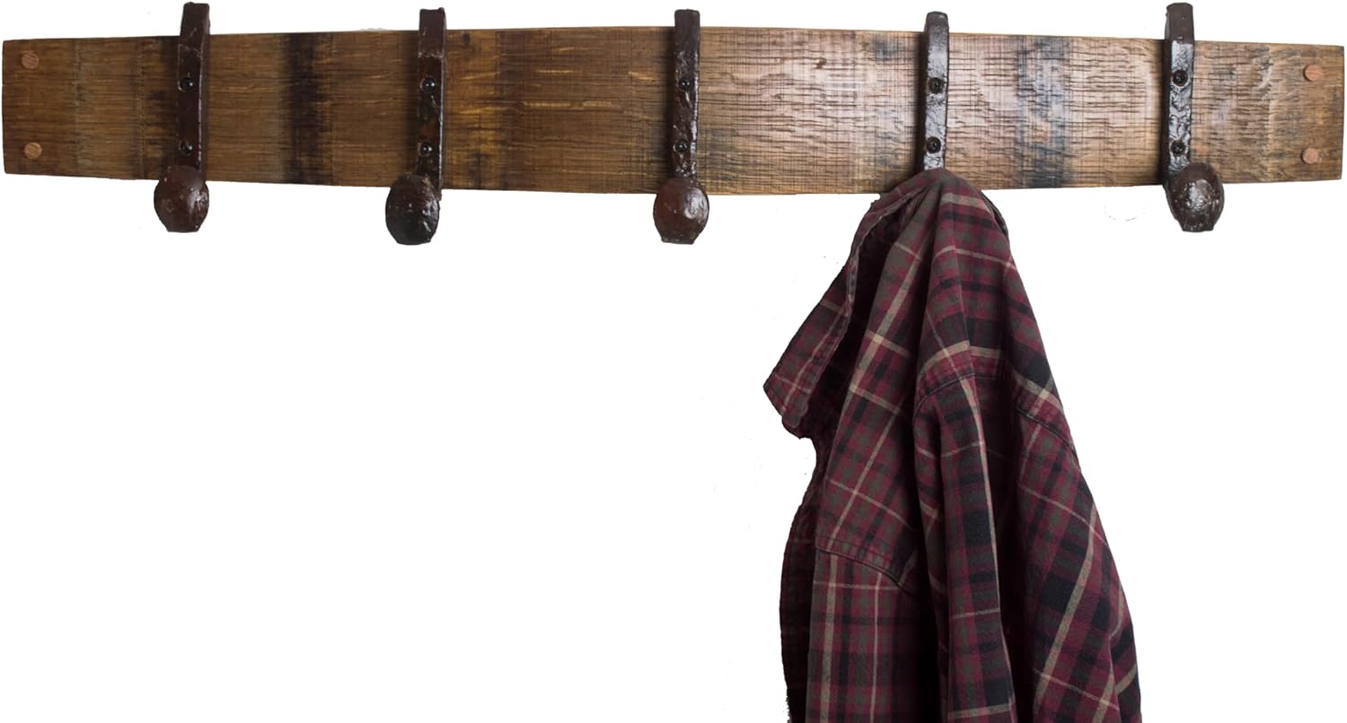 Wine Barrel Coatrack with Bent Railroad Spike Hooks