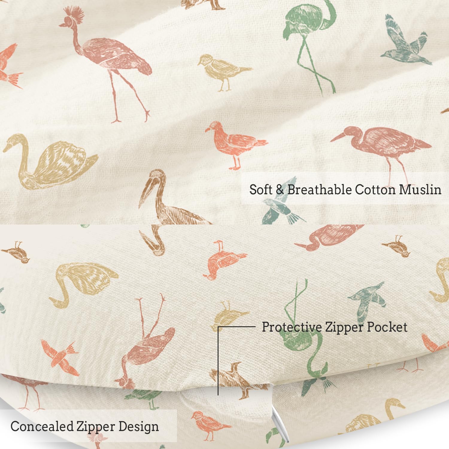 Little Grape Land Nursing Pillow Soft 100% Cotton Breastfeeding Pillow with Breathable Muslin Removable Cover, Wetland Wings Breast Feeding Pillows for Babies 0-12 Months with Protective Zipper image 4 of 6 B0DQP6G1GB