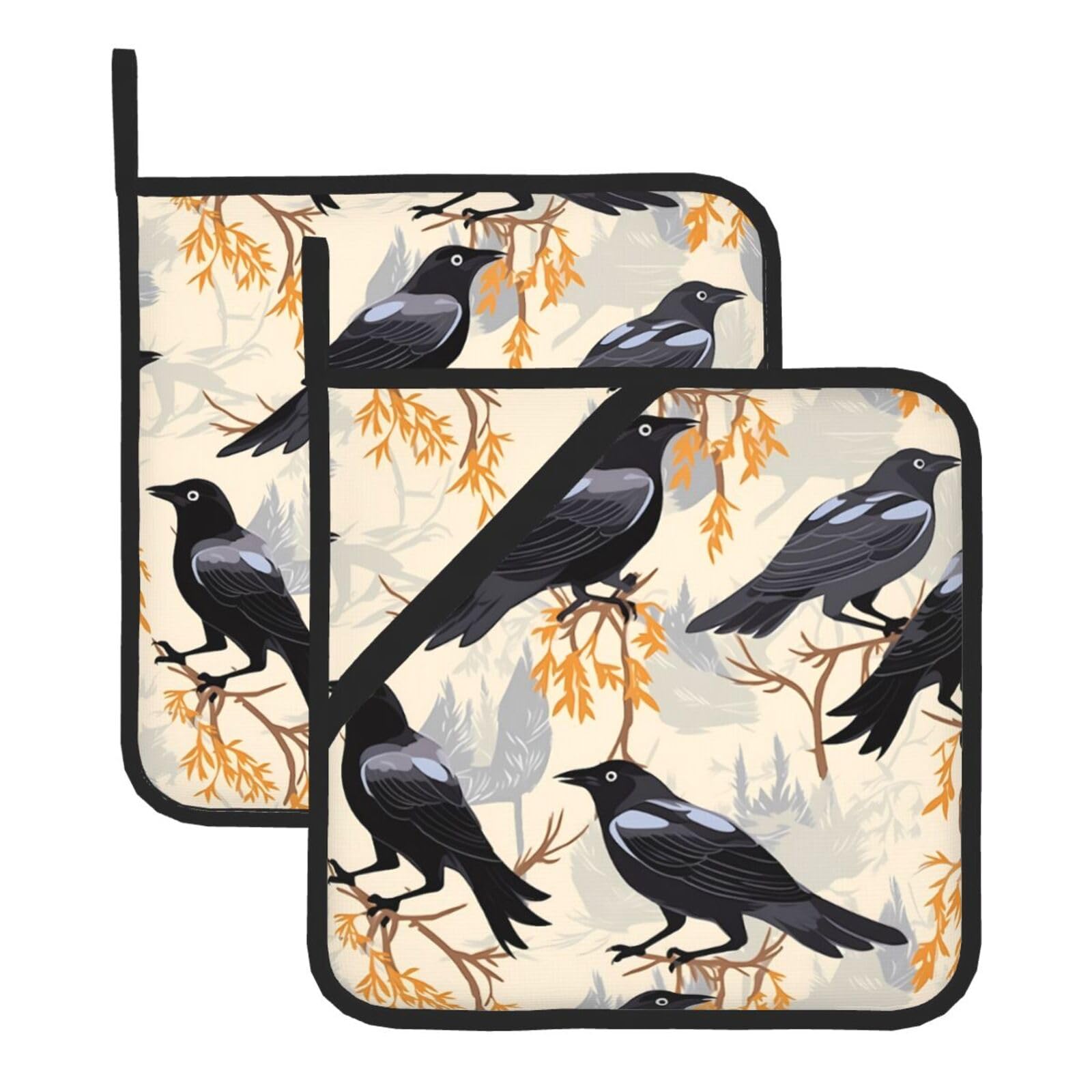HJFCZH Crow Birds Printed Square Insulated Pot Mat Set (2-Piece) 8x8in Waterproof, Thickened & Easy to Clean with Lanyard Design for Kitchen, Oven & BBQ