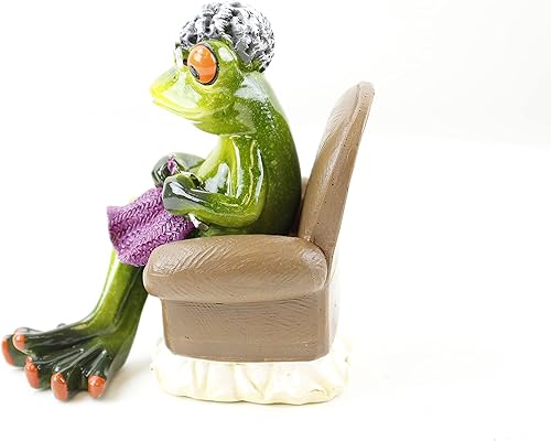 Miniatura 4 de usamjtable Novedad divertida figura de rana abuela tejiendo en un sofá relajante estatua decoración del hogar - verde y naranja