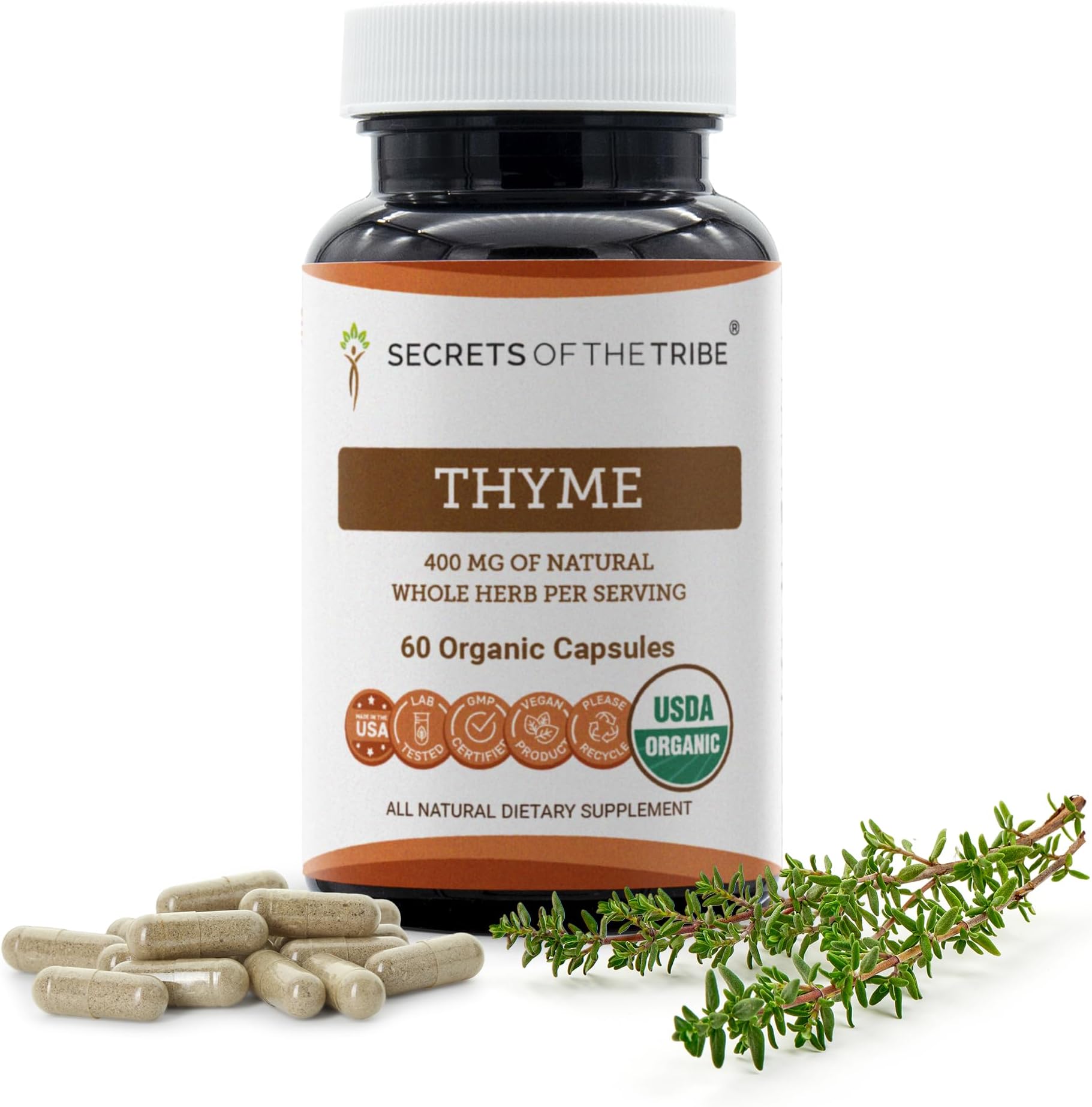 Secrets of the Tribe Thyme 60 Capsules, Made with Vegetable Capsules and USDA Organic Thymus Vulgaris Toni Effect (60 Capsules)