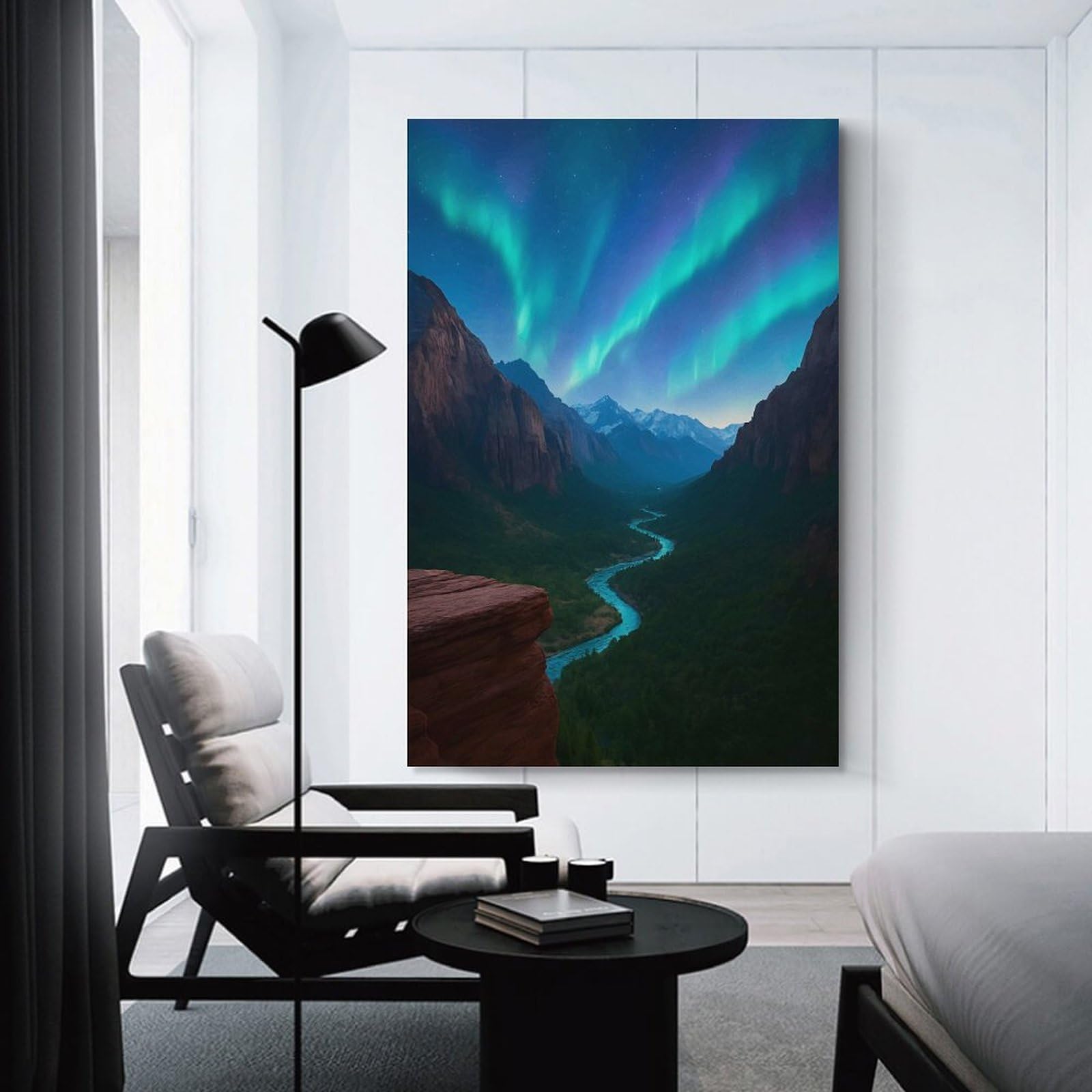 Junmoney Aurora Borealis over Mountain River Valley Wall Decor Canvas Print, 20x30inch(50x75cm), for Small Homes, Bedrooms Or Open Spaces, Wall Decor with Flexible Room Appeal