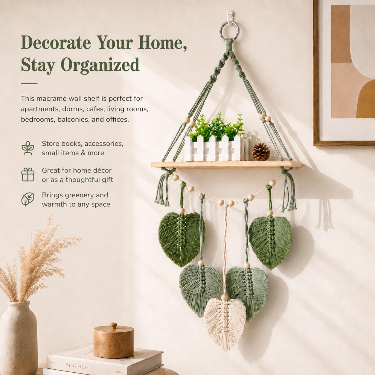Macrame Hanging Shelf Boho Wall Decor, Handmade Cotton Rope Rustic Wood Floating Storage Shelf for Bedroom Bathroom Living Room Nursery Dorm Room, Display Shelving for Hanging Plants Photos
