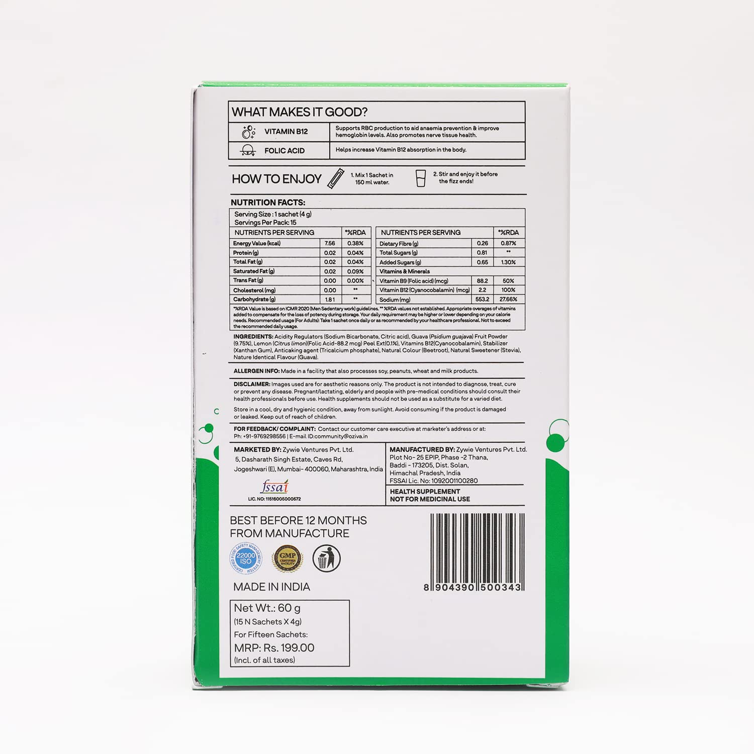 Buy OZiva Plant Based Vitamin B12 Fizzy Drink Mix Vitamin B12