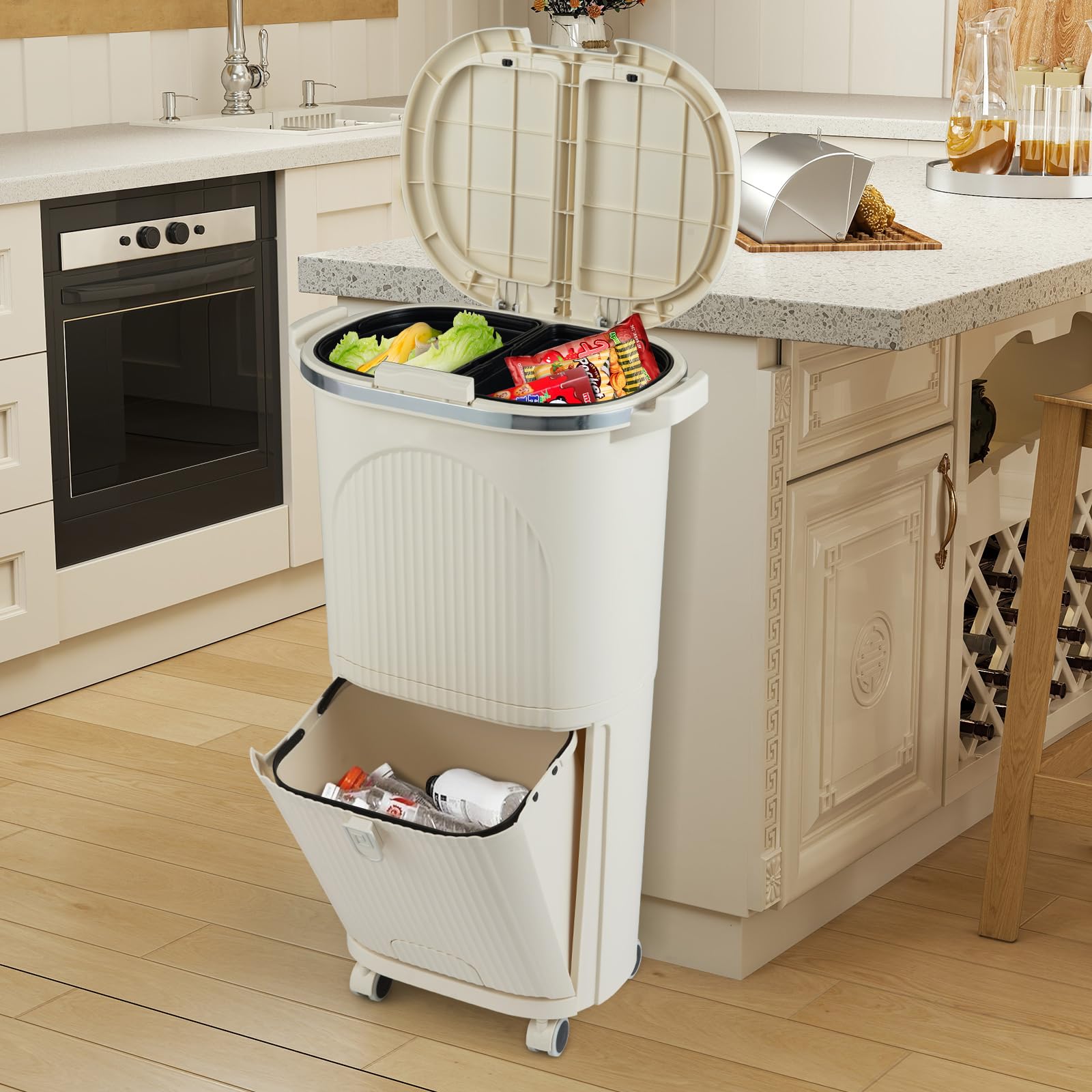 COSTWAY Mülleimer Küche, Mülltrennsystem 3 Fächer, 2 x 12L Inneneimer & 14L Treteimer, Abfalleimer mit Rollen, Doppeldeckel, Pedal & Haken, Tretmülleimer Abfallsammler für Küche, Bad, Büro (Beige)