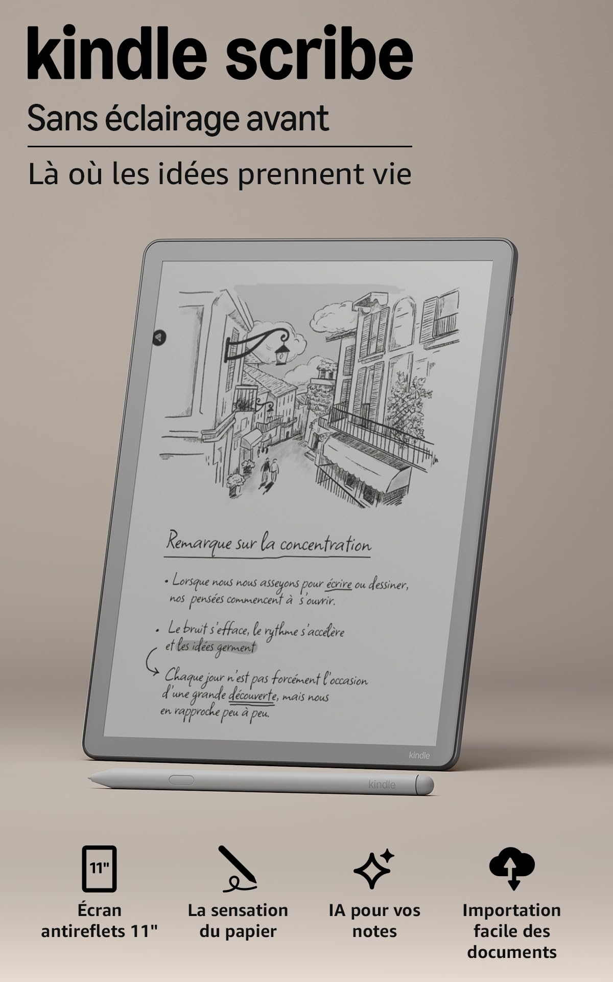 Amazon Kindle Scribe 16 Go sans éclairage avant (nouvelle génération) : écran 11" effet papier ; plus fin, léger et rapide ; écrivez dans le carnet de notes intégré, les documents et les livres