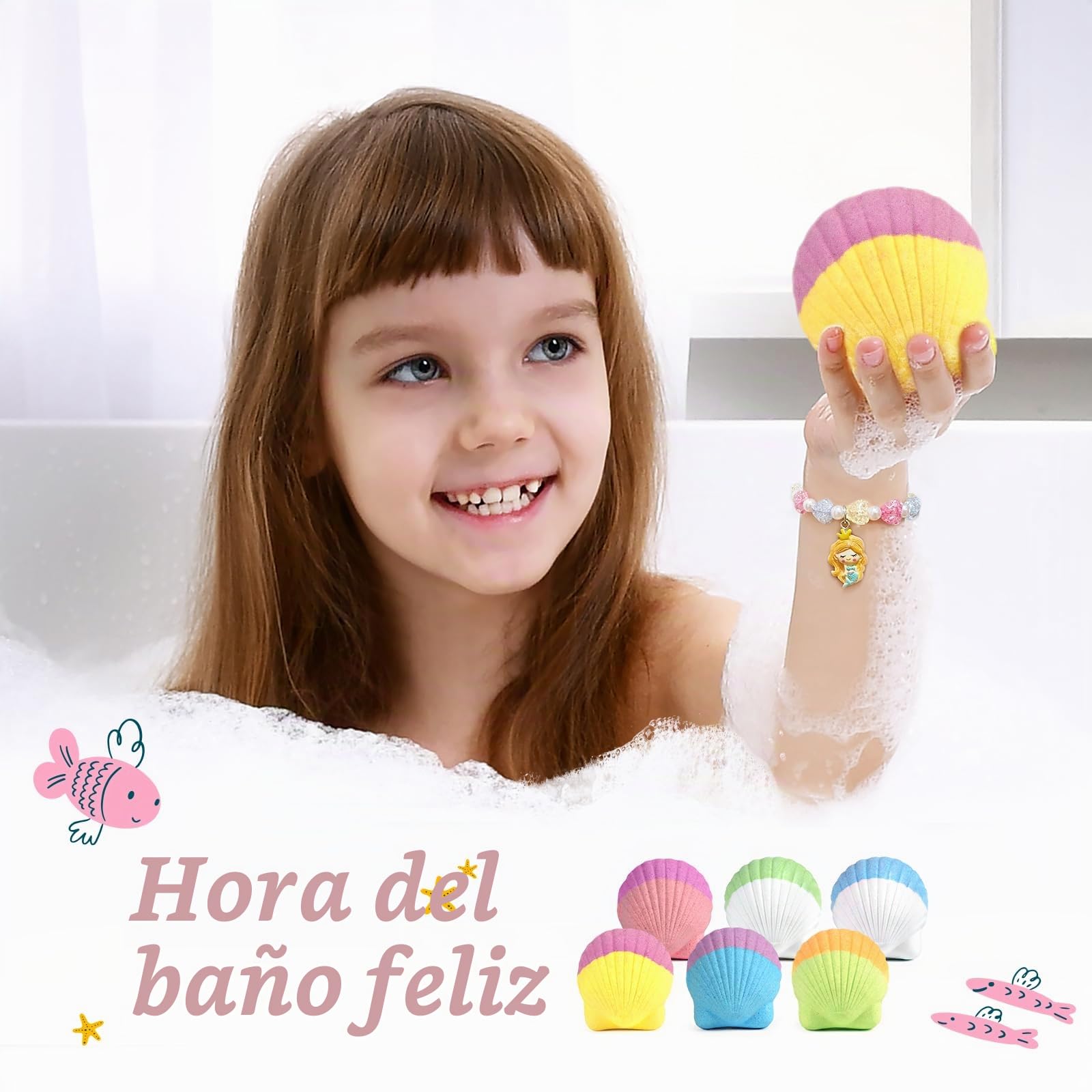 Bombas de baño para niños con sorpresa en el interior, 6 bombas de baño orgánicas para niñas y niños de 3 a 12 años, set de regalo de bombas de baño para cumpleaños con pulseras de sirena
