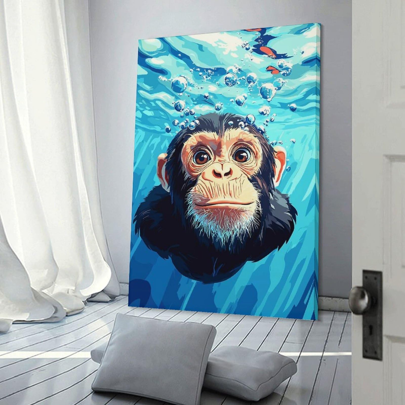 Junmoney Chimpanzee Underwater with Bubbles Illustration Canvas Wall Art 20x30inch(50x75cm), for Art Walls, Layered Displays Or Homes, Decorative Artwork with Flexible Styling