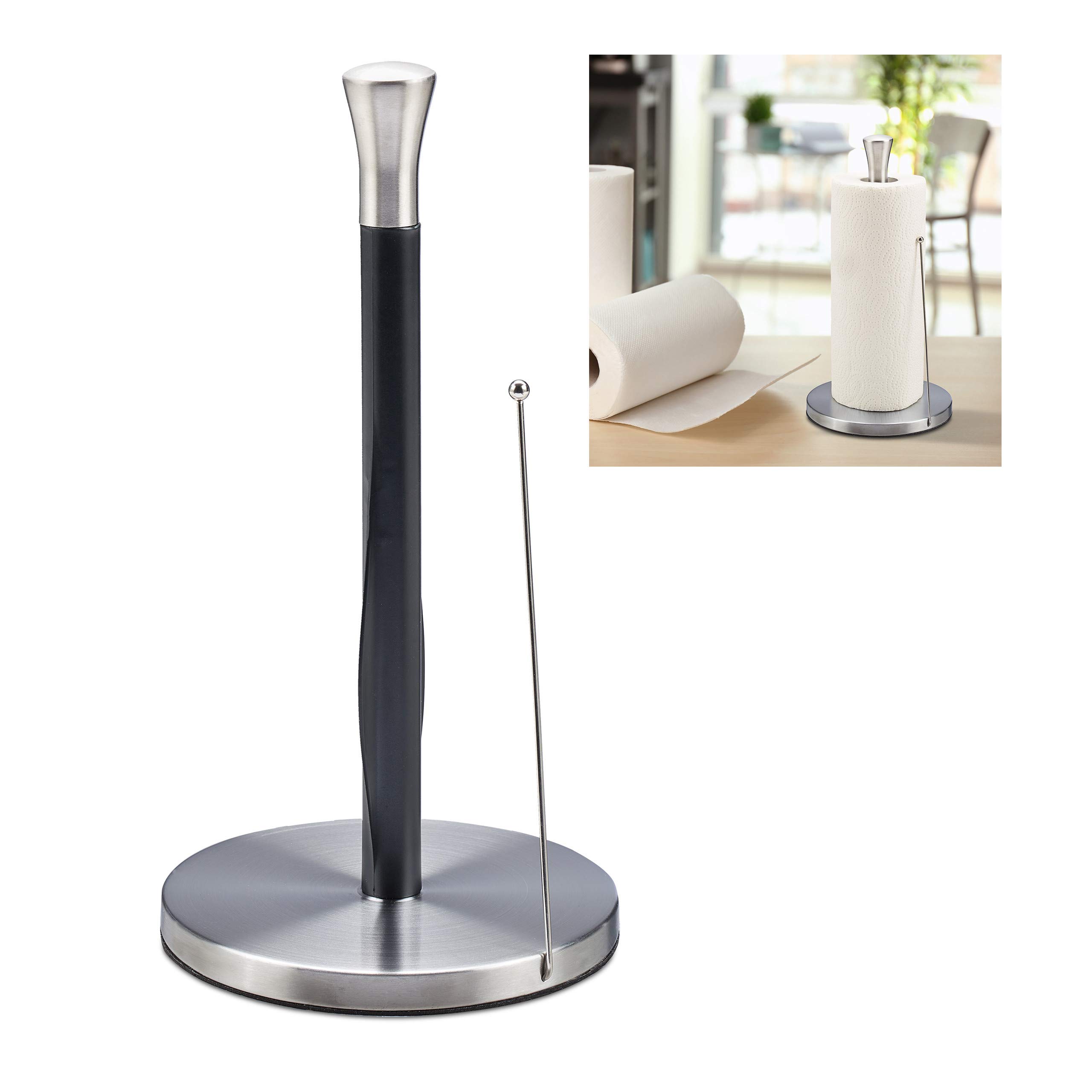 Relaxdays Kitchen Roll Holder Standing, Stainless Steel, Paper Towel Rack for the Kitchen, HxØ: 33 x 17 cm, Silver/Black
