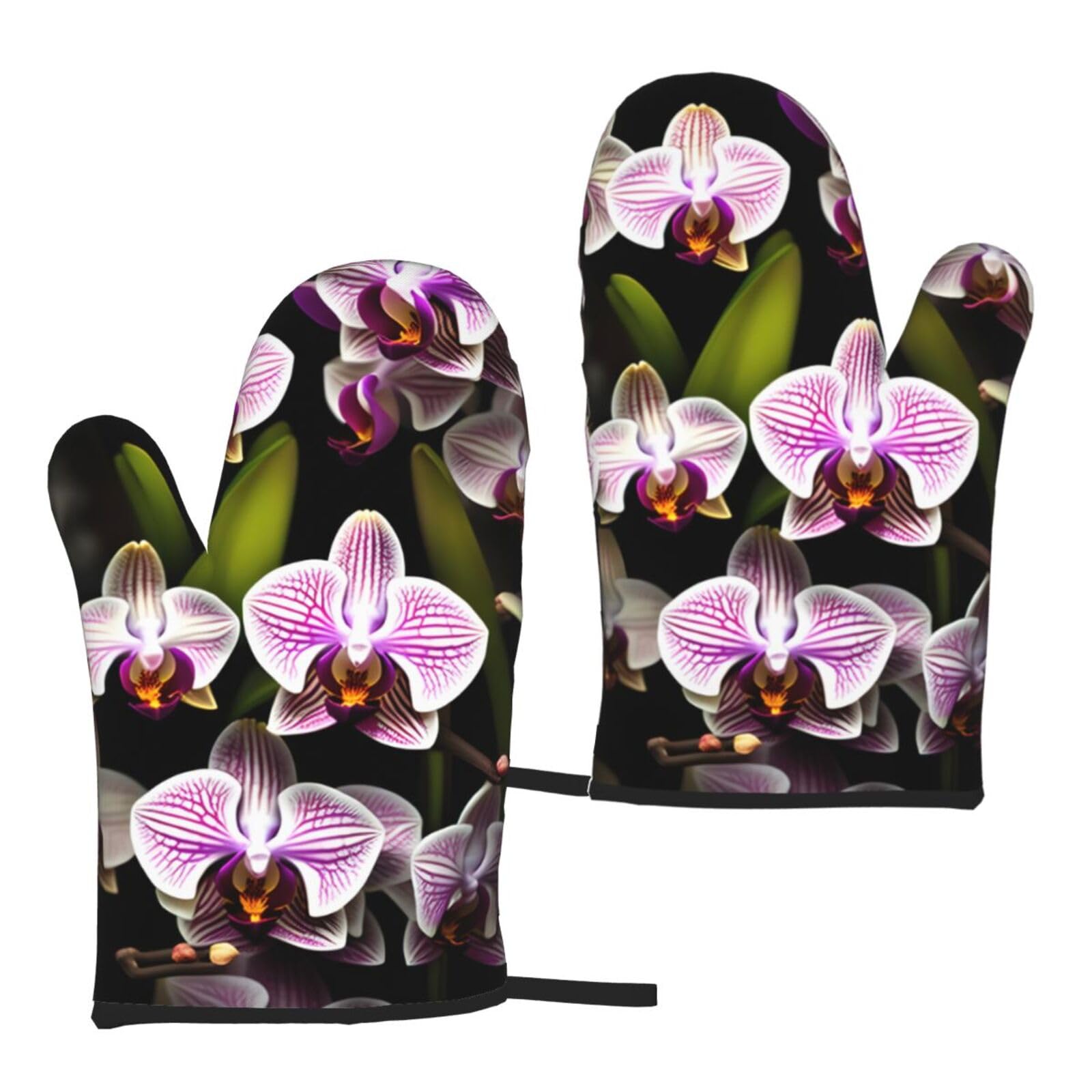 Nimongt Women's Black Orchids Print Adults Universal Fit Heat Resistant Oven Gloves Reusable Cooking Outdoor Grilling