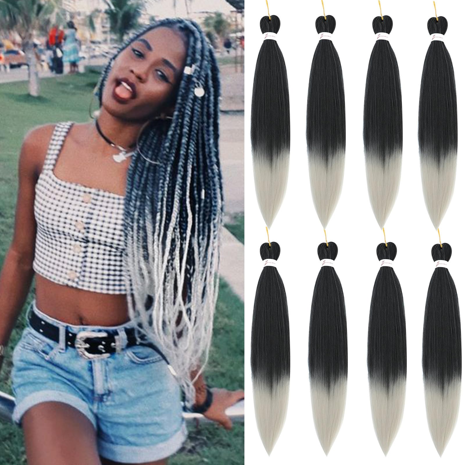 Ombre Gray Braiding Hair 24Inch 8 Packs Braiding Hair Pre Stretched For Braiding Twist Hair Pre Stretched For Box Braids Hot Water Setting Soft Yaki Texture(1B/Silver Gray)