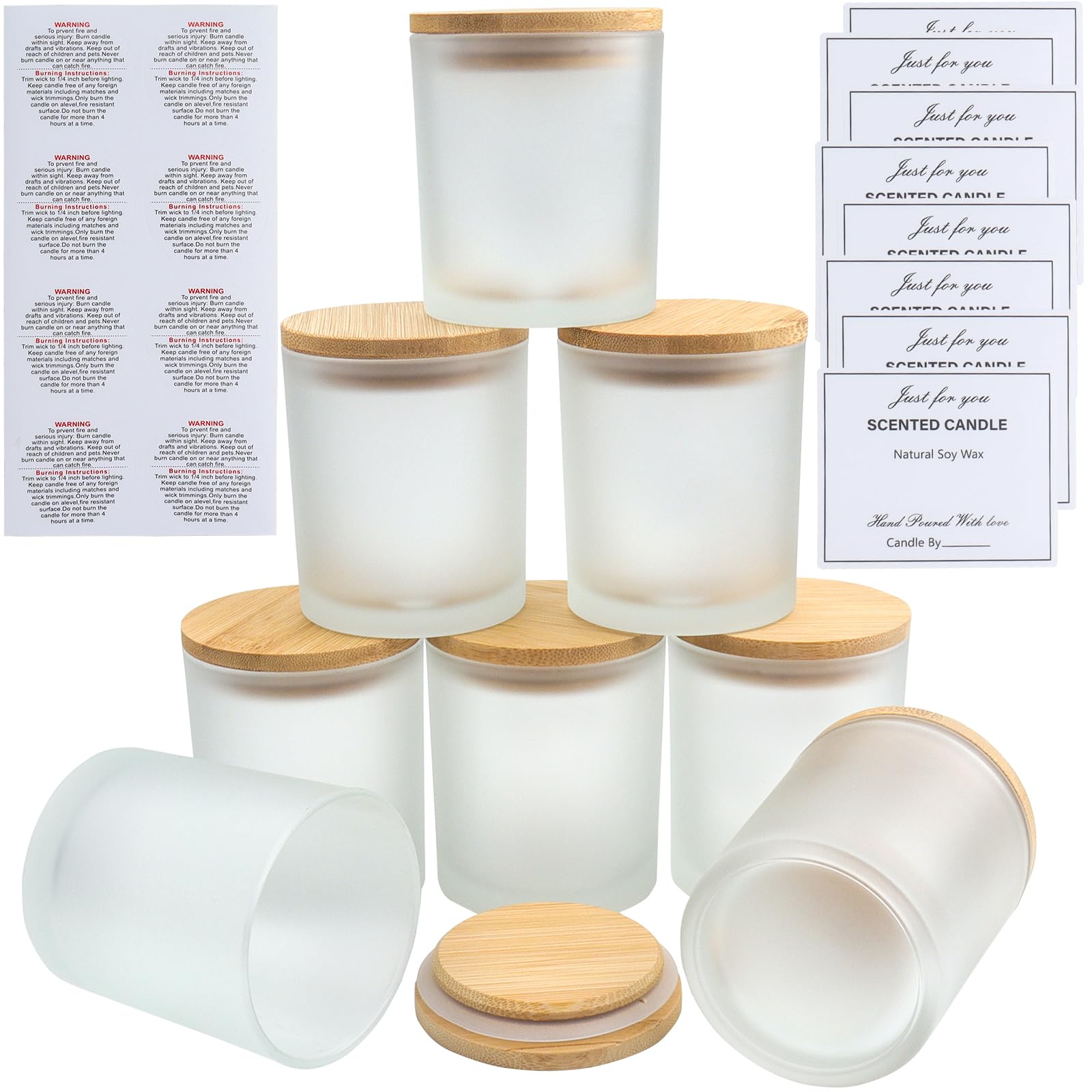 LHNNDM 8 Pace 10 oz Frosted Glass Candle Jars with Bamboo Lids- Bulk Empty Jars （315ml ）for Making Candles - Spice, Powder Containers - Dishwasher Safe (Frosted Candle Glass Cup)