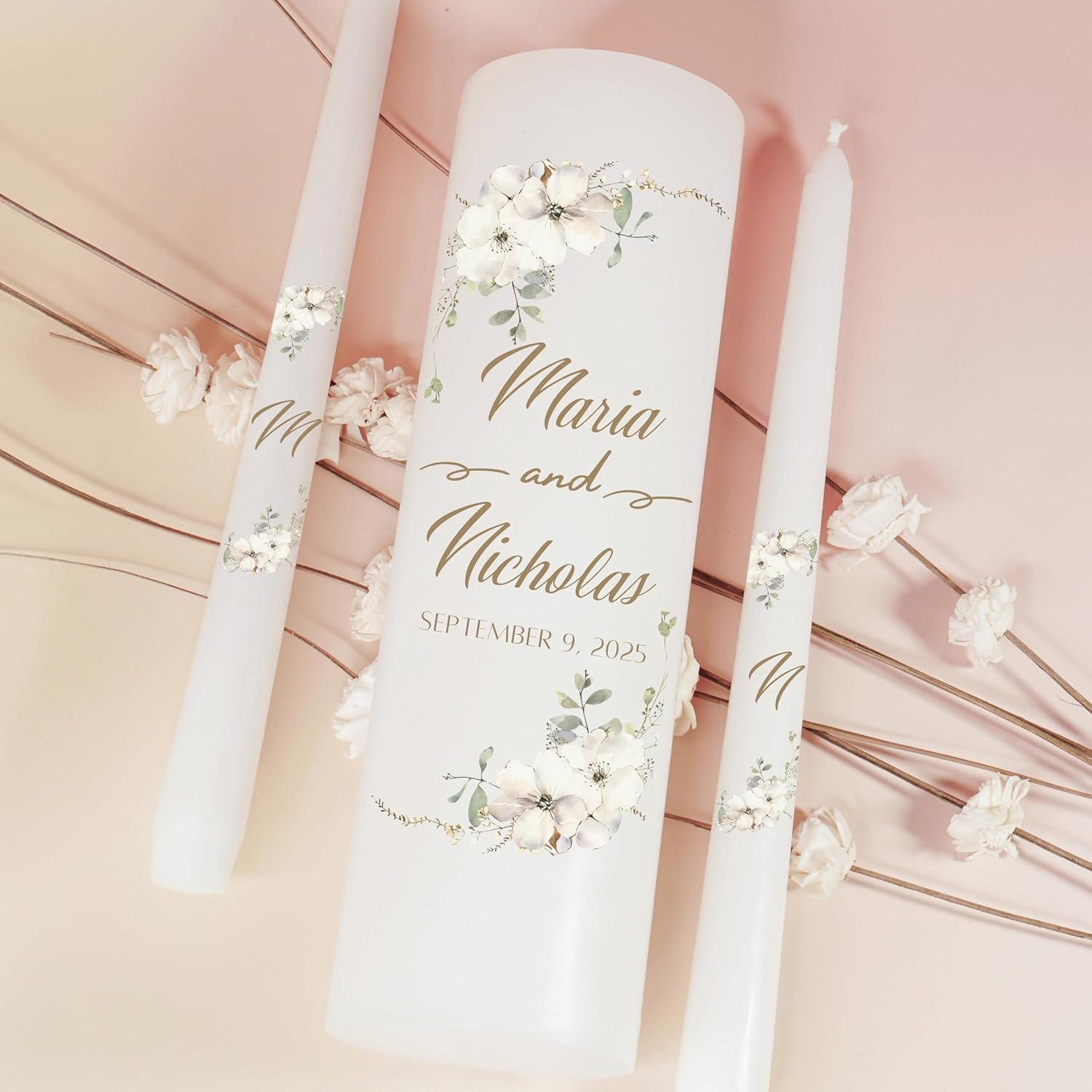 Unity Candles for Wedding, Modern Unity Set, Custom and Personalized Pillar and Taper Candles, Unscented White Premium Wax, Religious and Wedding Ceremony, Special Events