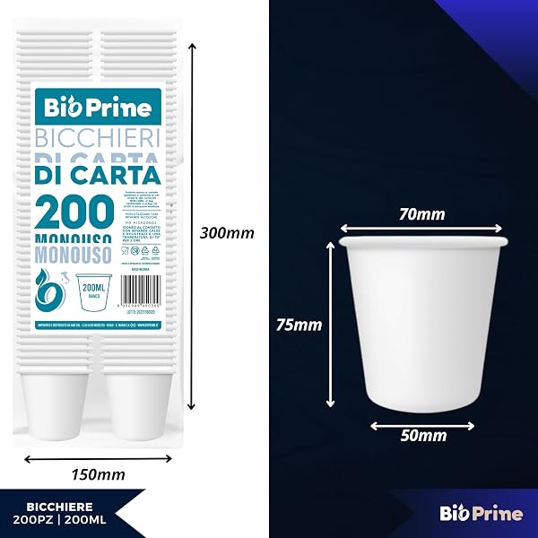 BioPrime - 200pz - Bicchieri Acqua in Carta 200ml - Bicchieri 200ml Biodegradabili - Per Bevande Calde, Acqua e Bibite - Bicchieri Usa e Getta. - 2