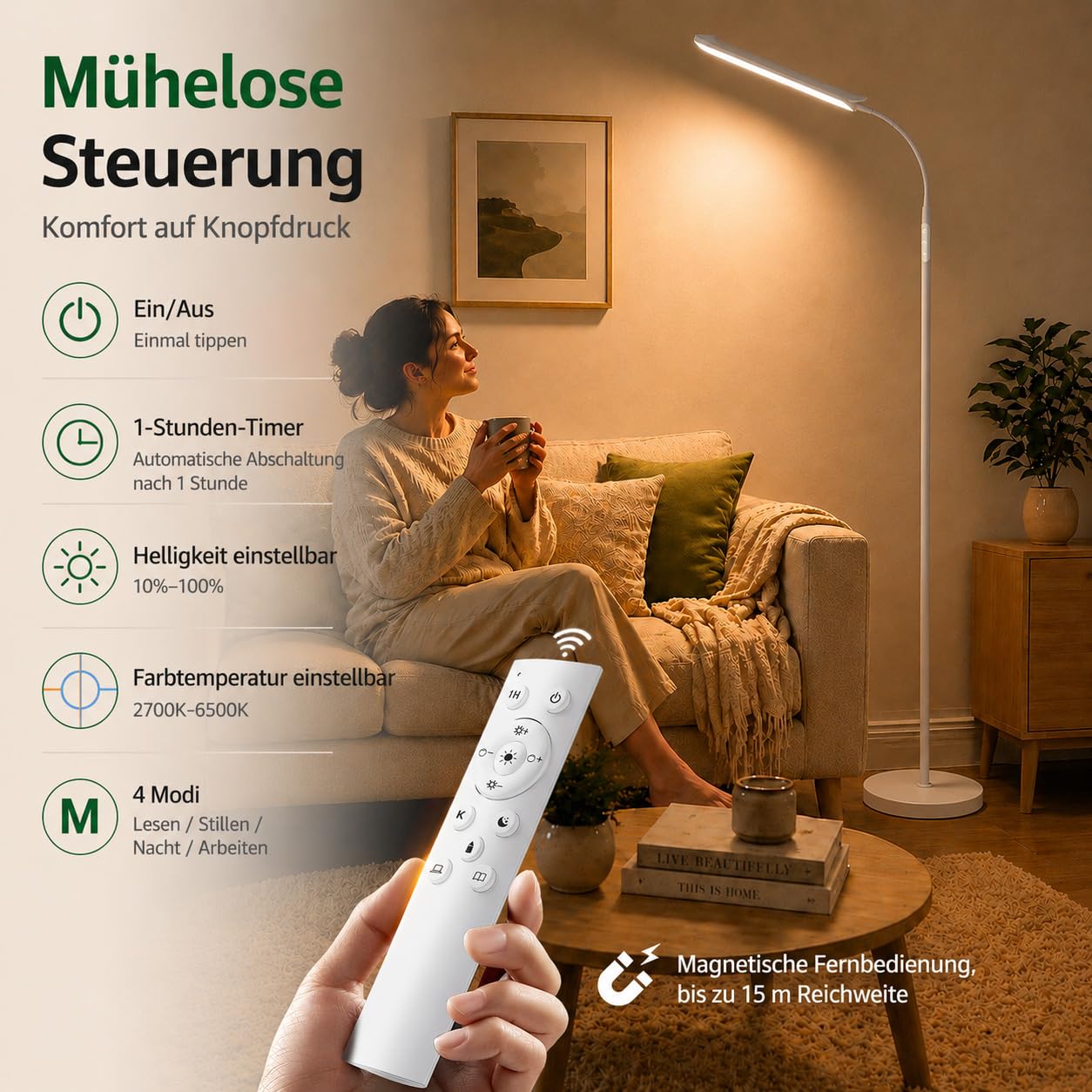 Torkase LED Stehlampe Wohnzimmer, 18W 1800LM Dimmbare Stehleuchte mit Magnetischer Fernbedienung, 360° Flexibler Schwanenhals Leselampe Schlafzimmer, 2700K-6500K Modern Weiß