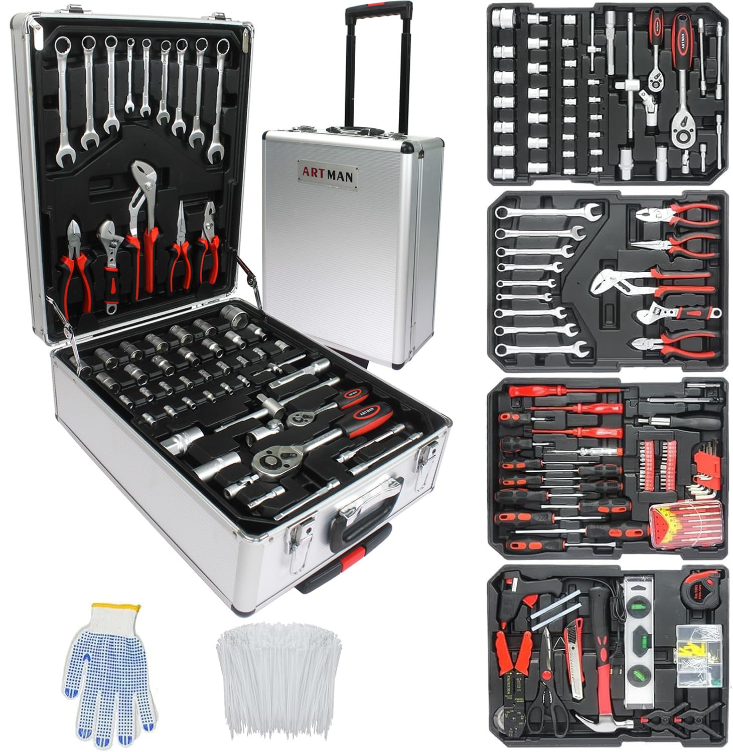 Photo 1 of 899 pcs Aluminum Trolley Case Tool Set, House Repair Hand Tool Kit Set, Removable Portable Hand Toolbox Set with 4 Drawer and Wheel for Household Repair, Auto Maintenance, Construction, Garden, Silver
