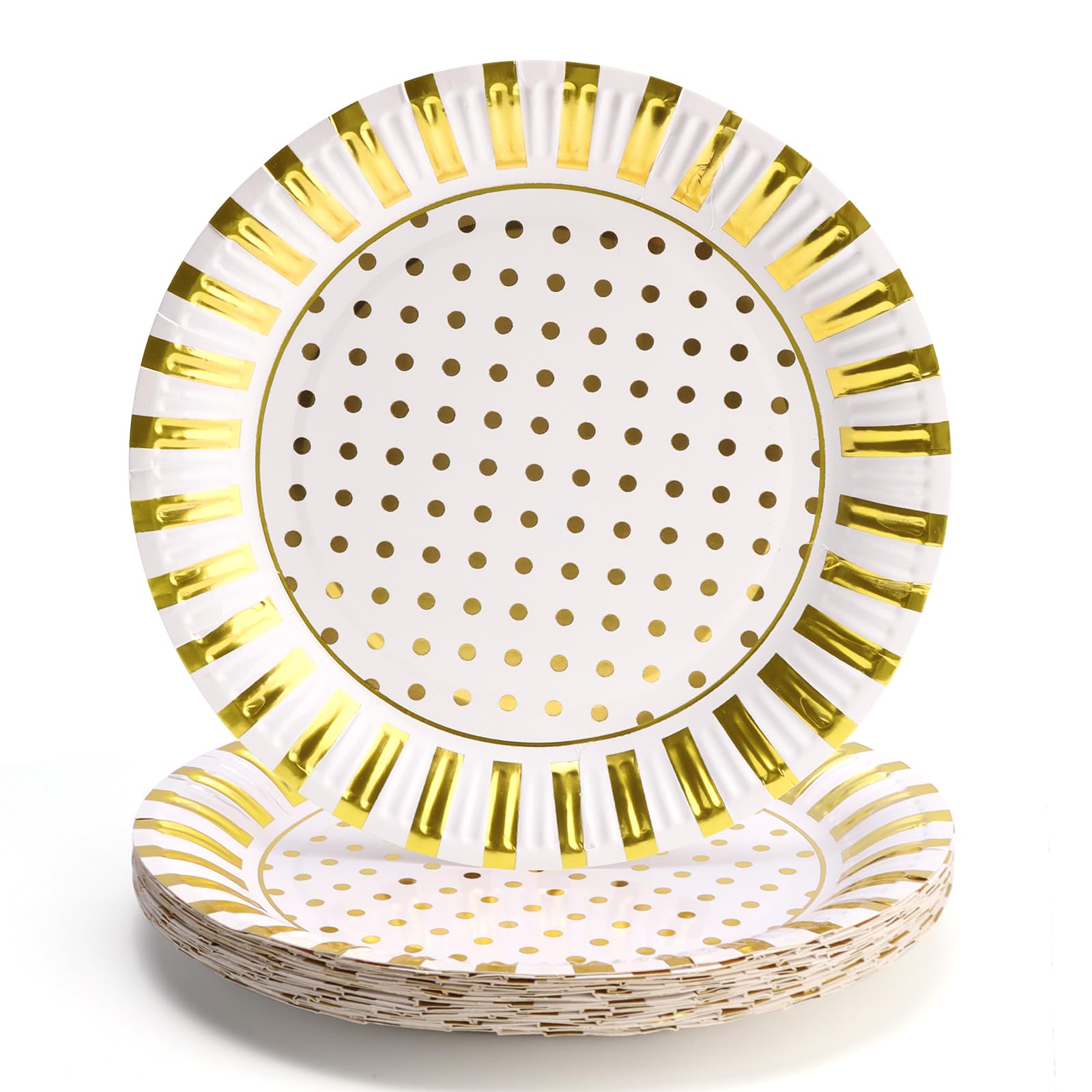 PARTY GO 24Pcs Gold Stripe and Dot Party Plates for Dinner and Dessert Great 9" 23cm Paper Plates for Birthday Parties, Holidays, Weddings, Graduation Decorations for 24 Guests