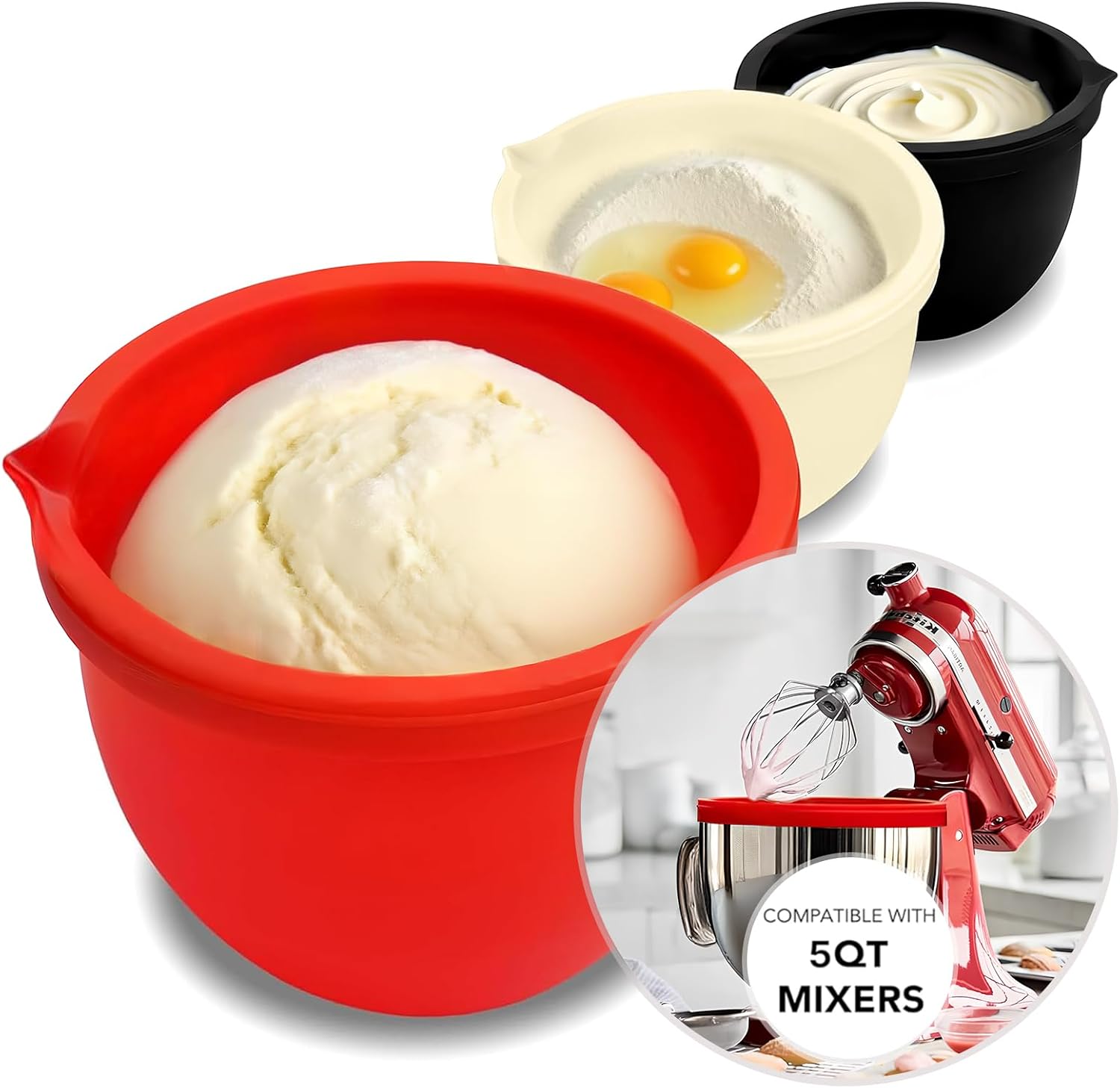 KitchenAid 5 Qt Tilt-Head Silicone Bowl Liners, Non-Stick, Odorless, Heat & Cold Resistant, Thicker Mixer Bowl Liners with Lids, Set of 3 (Red，Beige，Black）