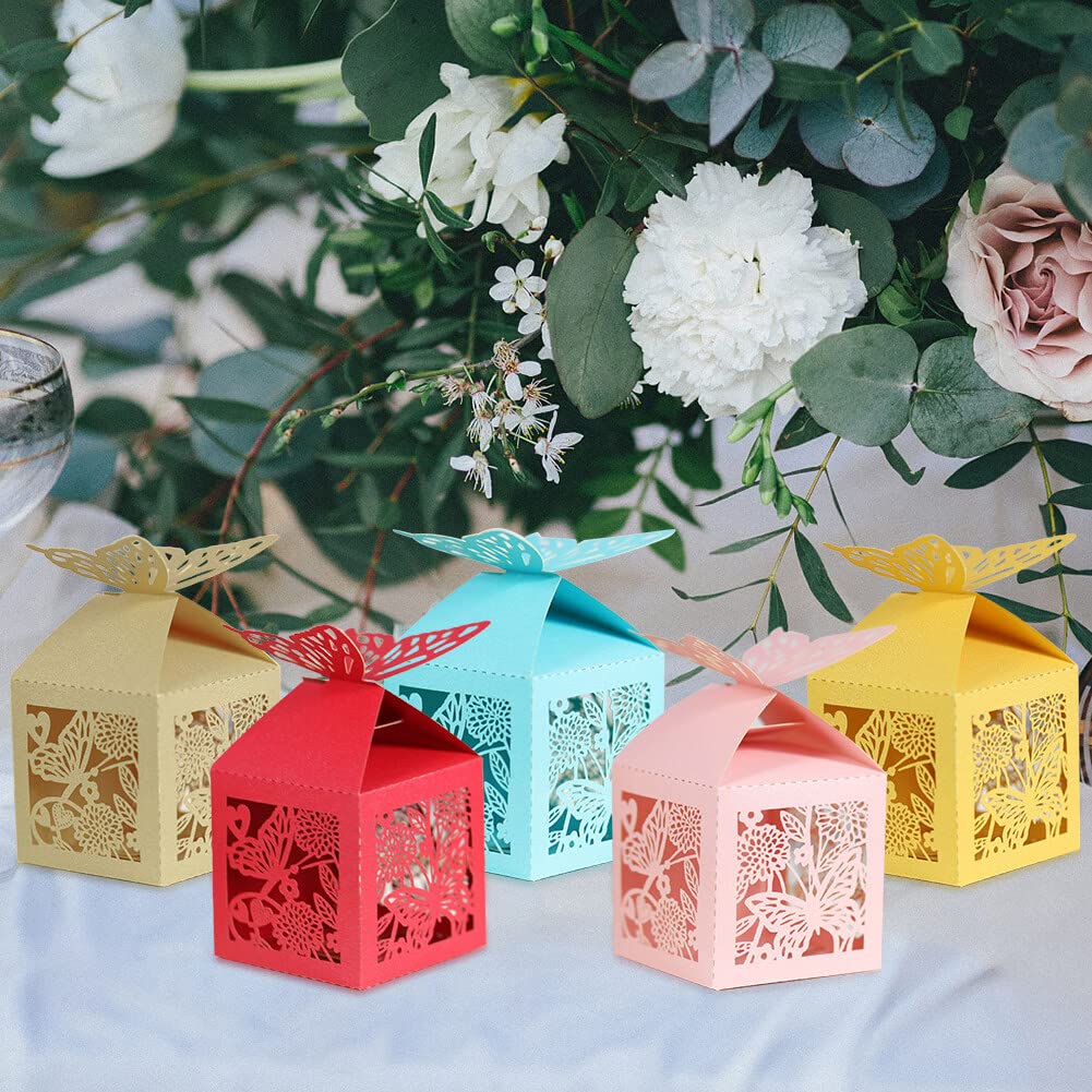 50 Boîtes Dragées Mariage 5x5x7,5cm - Blanc, Design Sculpté, Ruban Inclus