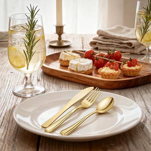 Miniatura 8 de WDF 160 piezas de cubiertos de plástico dorado - Cubiertos de oro resistentes Incluye 80 tenedores, 40 cucharas, 40 cuchillos, utensilios de