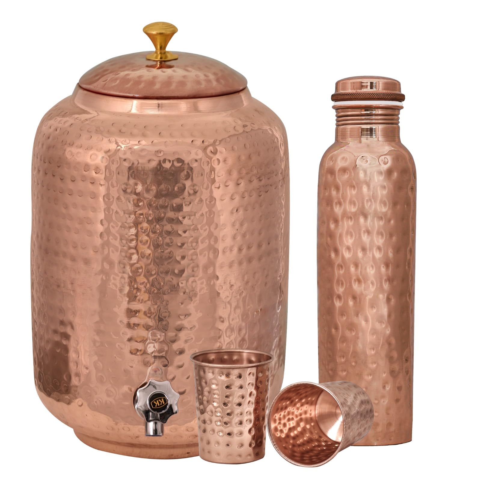 Copper Water Dispenser 8L / 2.11 Gallon and 2 Glass with Water Bottle Set, Hand Hammered, Ayurvedic Hydration Drinking
