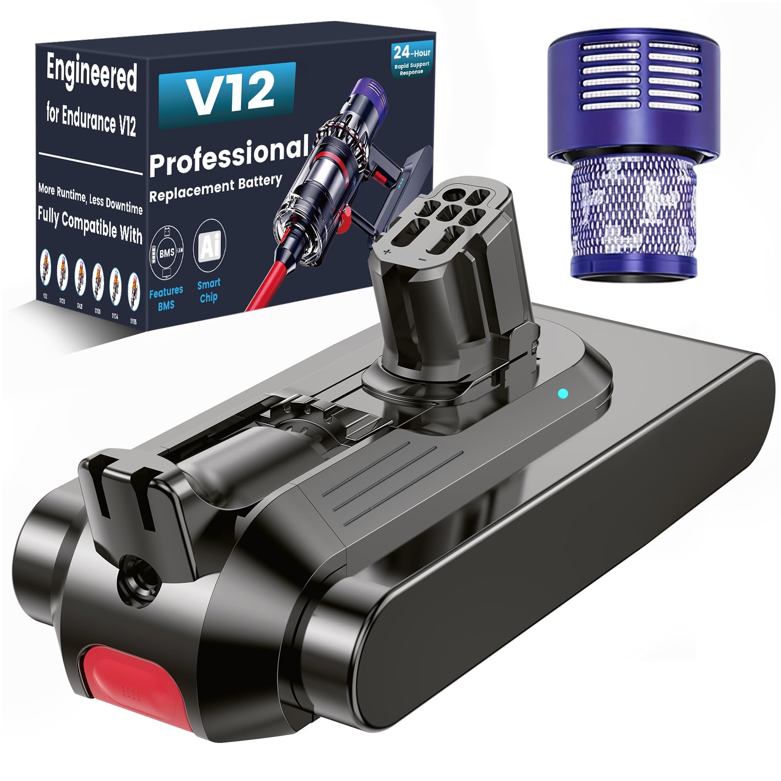 Battery Replacement Compatible with Dyson Dyson V12 Detect Series, Ecovoltix Battery for V12 SV20 SV26 SV30 SV34 SV35 SV46 Vacuum Cleaner (Not for V11 SV12) with Filter โ image 1