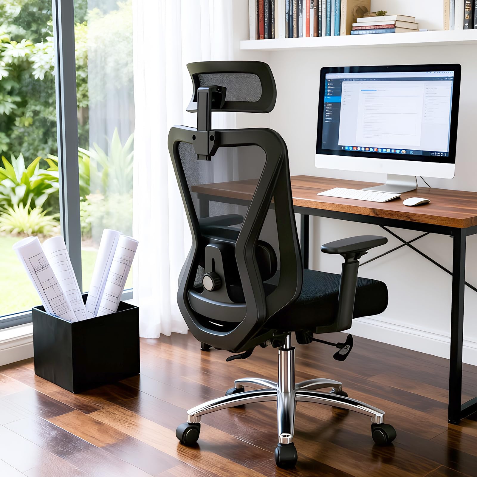 Sedia Ufficio Ergonomica, Sedia da Scrivania con Poggiatesta 2D e Supporto Lombare 4D, Poltrona Ufficio Reclinabile 90°-135°, Braccioli Regolabili, Portata 150 kg, Nero