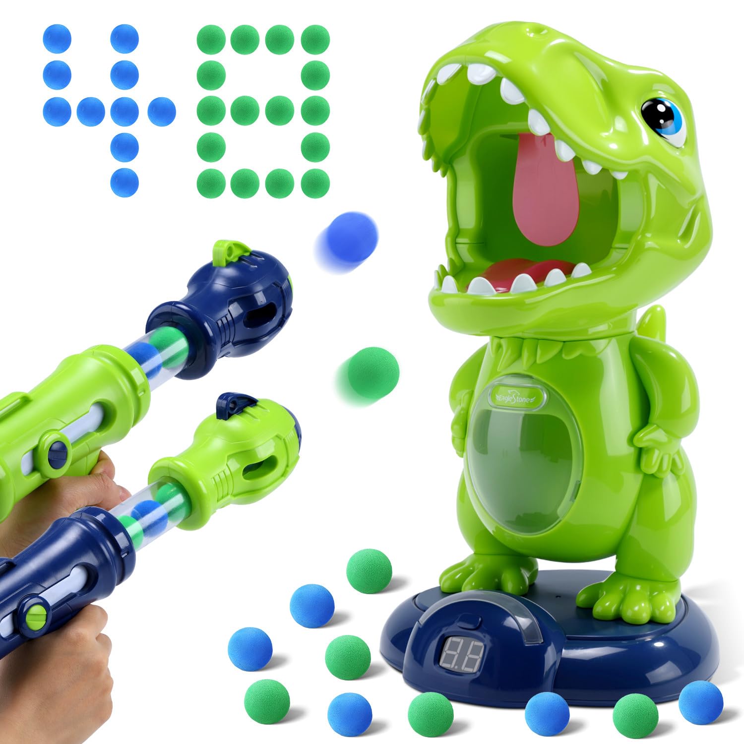 EagleStone Dinosaur Shooting Game for Kids, Movable Electronic Target with LED & Sound, 2 Pump Action Guns, 48 Foam Balls, Auto Score Record, Party Favor Toy Gift for Boys and Girls